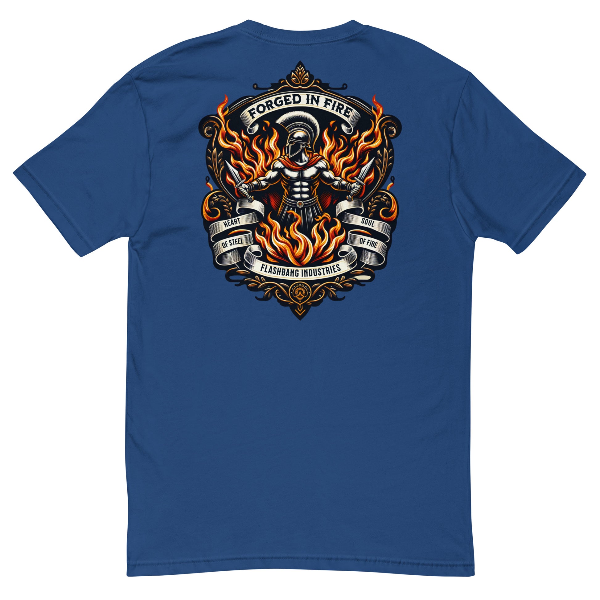 Forged in Fire Lite T-shirt featuring Spartan graphic, ideal for firefighters and those who embody strength and courage - Back View - Royal Blue