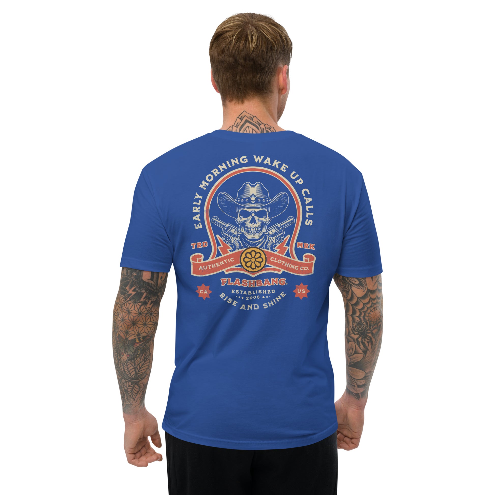 Wake Up Call T-shirt with bold cowboy-inspired western graphic design, rugged western style shirt for men - Back View - Royal Blue - Model Guy