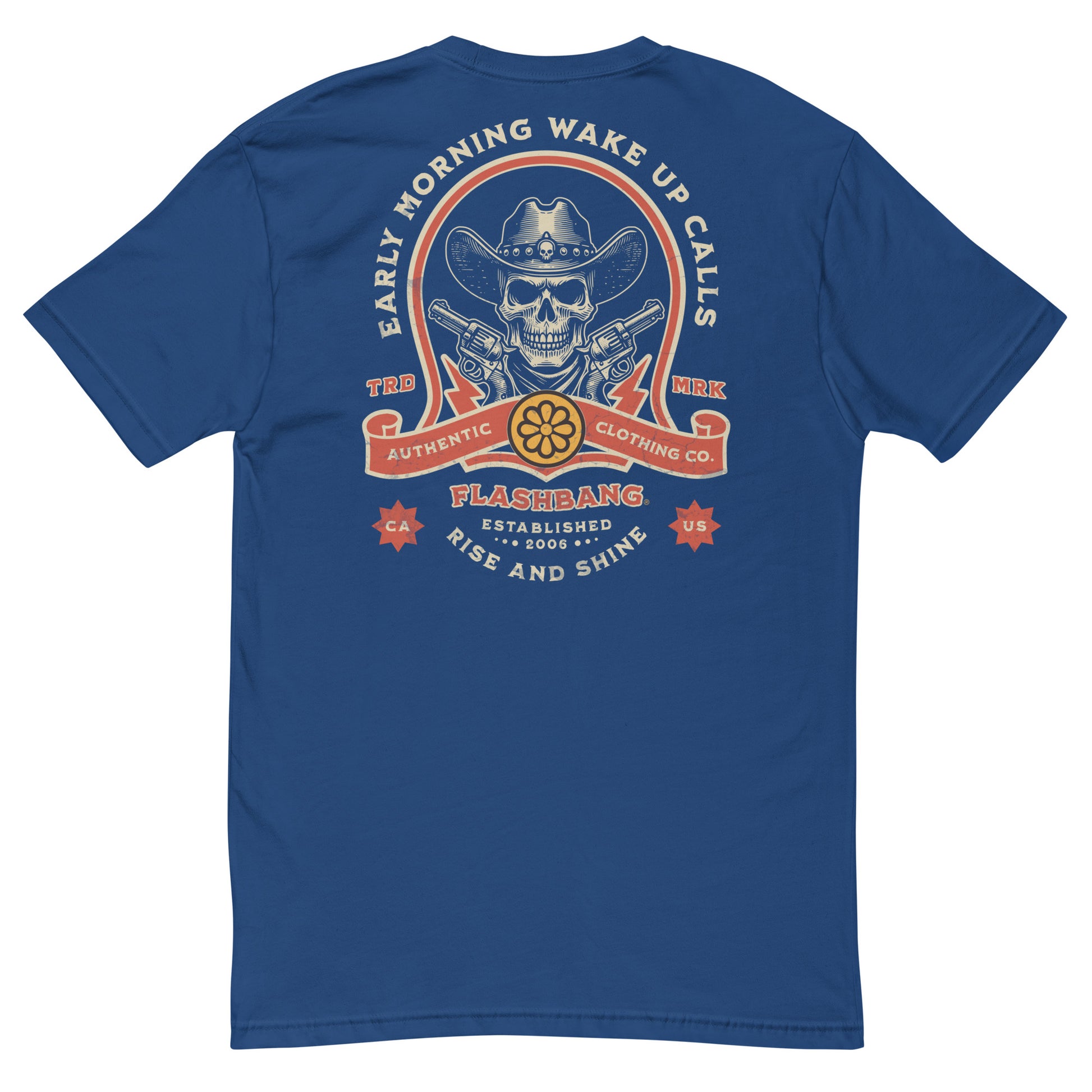 Wake Up Call T-shirt with bold cowboy-inspired western graphic design, rugged western style shirt for men - Back View - Royal Blue