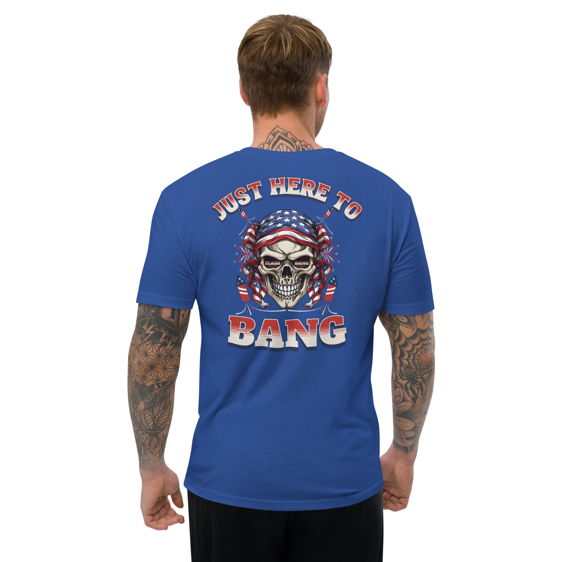Man wearing a blue t-shirt with a graphic design and text on the back, on a white background