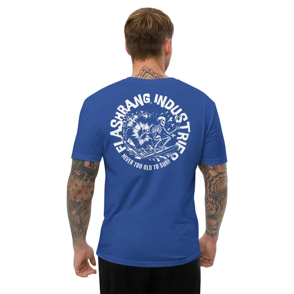 Man wearing a blue t-shirt with white graphics and text on the back, on a white background