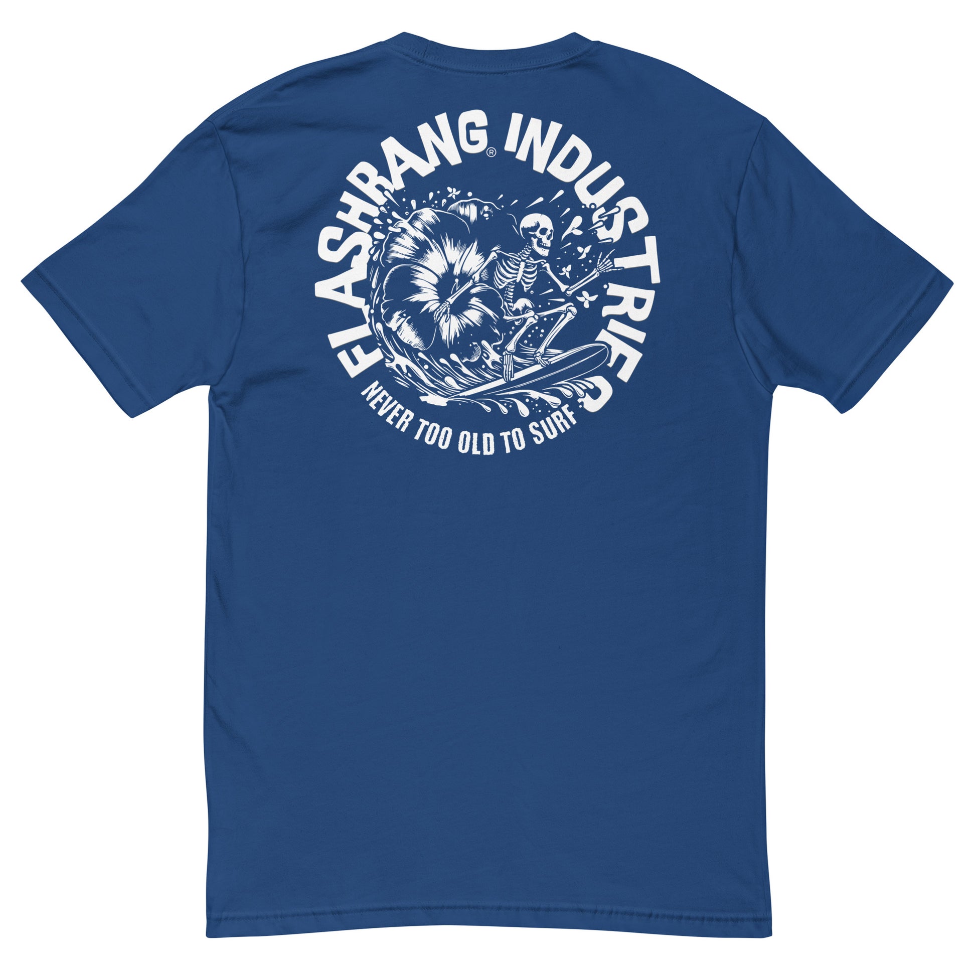 Blue t-shirt with white graphic and text on a white background