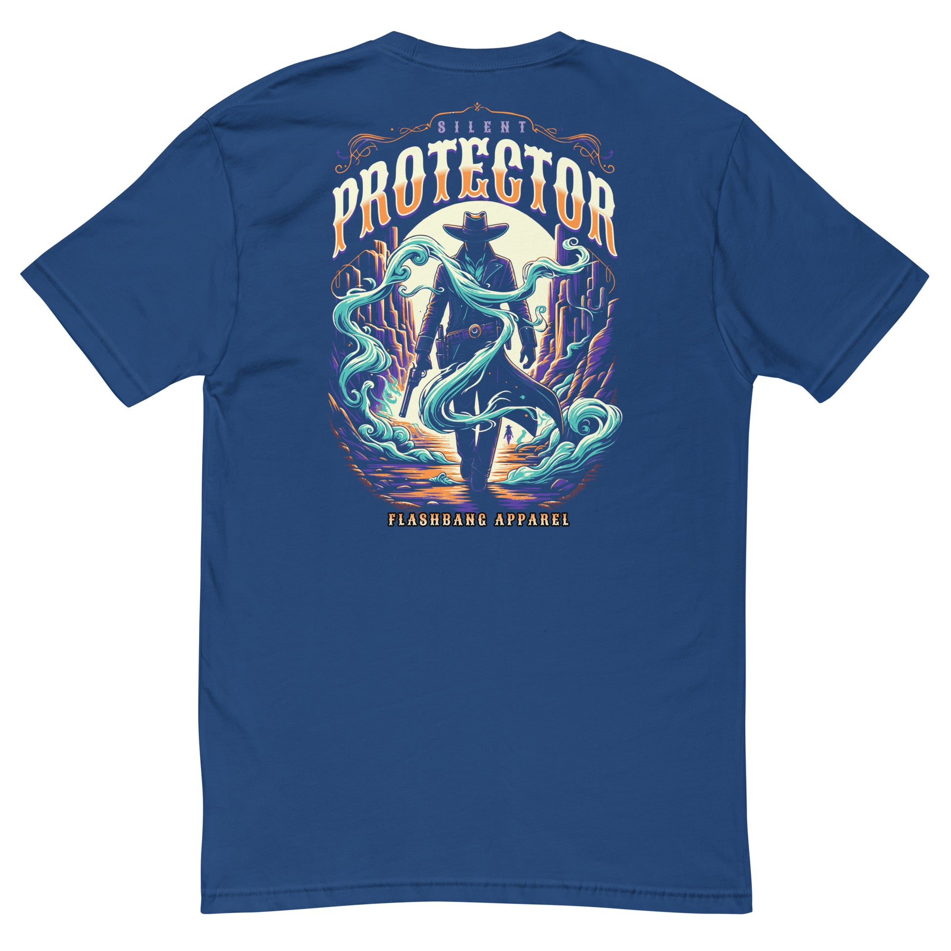 Blue t-shirt with a graphic design on the back featuring a silhouette of a person in a cowboy hat and text 'Silent Protector' by Flashbang Apparel.