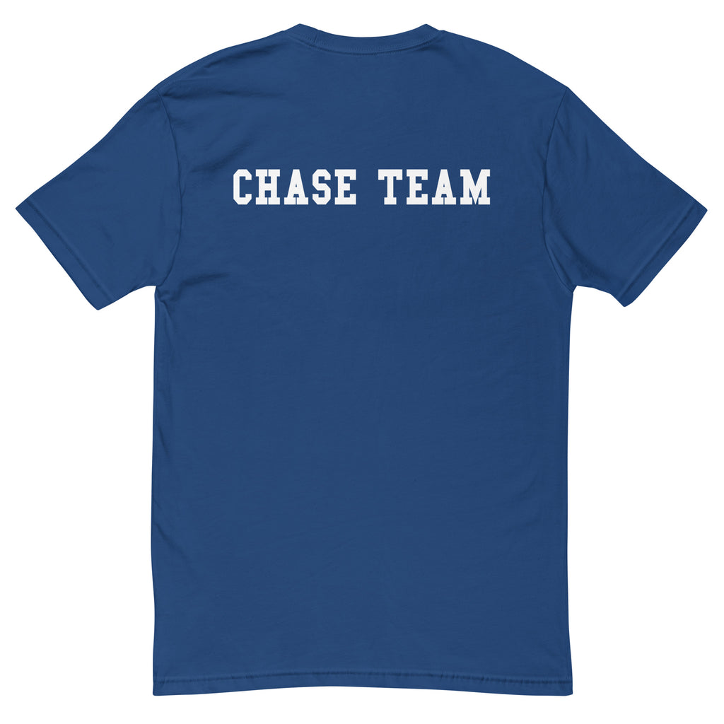 Blue t-shirt with 'CHASE TEAM' text on the back against a white background