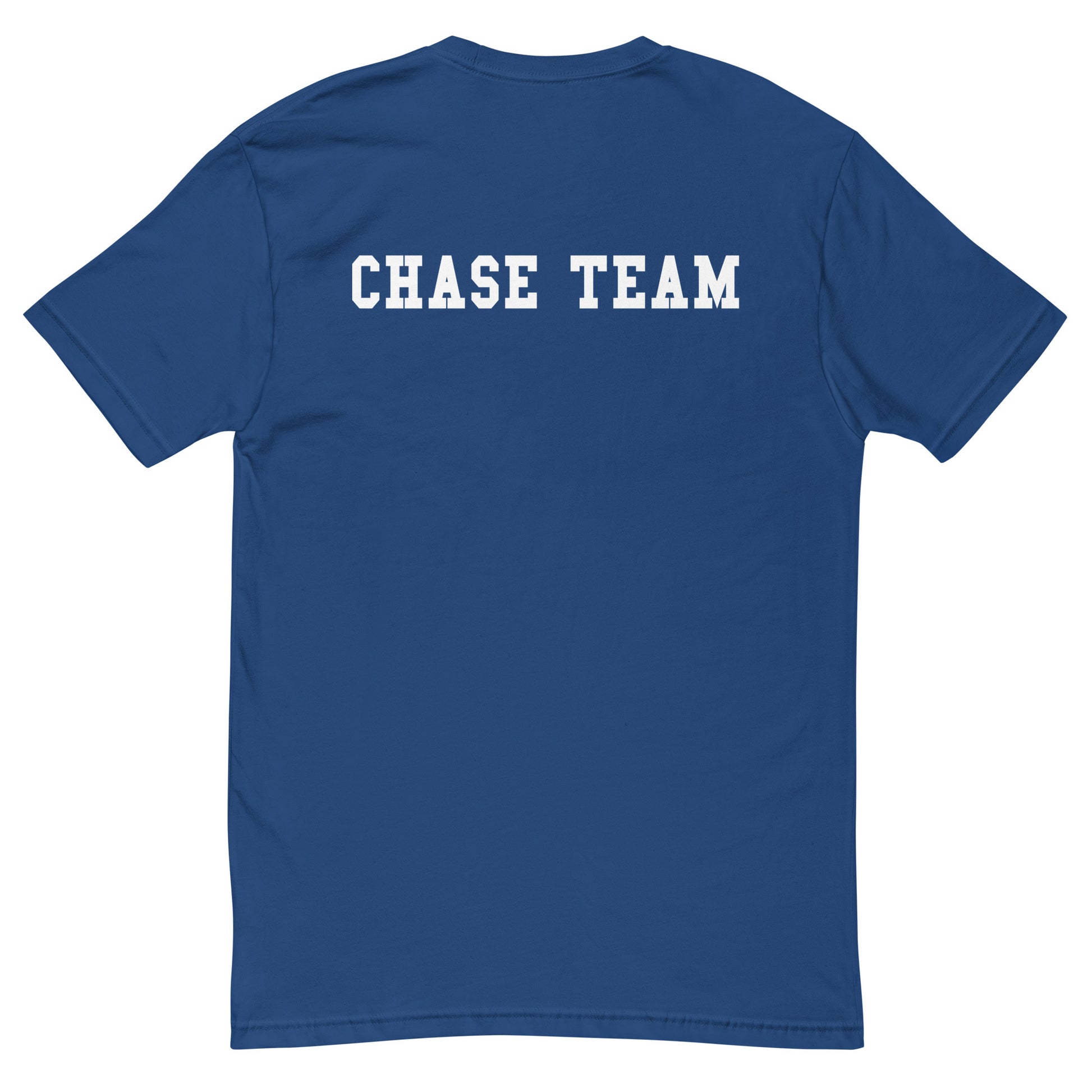 Blue t-shirt with 'CHASE TEAM' text on the back against a white background