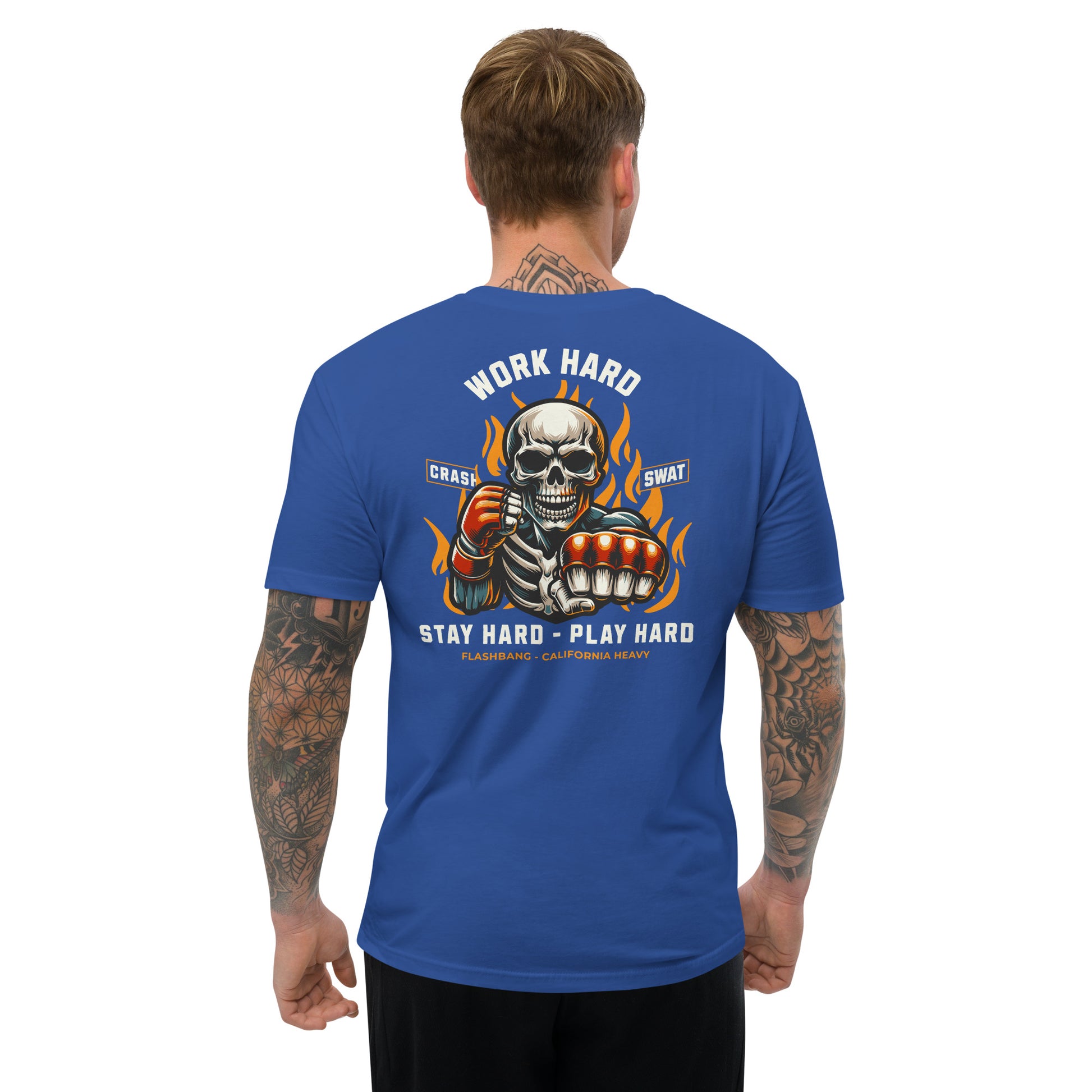Man wearing a blue t-shirt with a graphic design on the back, featuring a skeleton holding a beer and text.