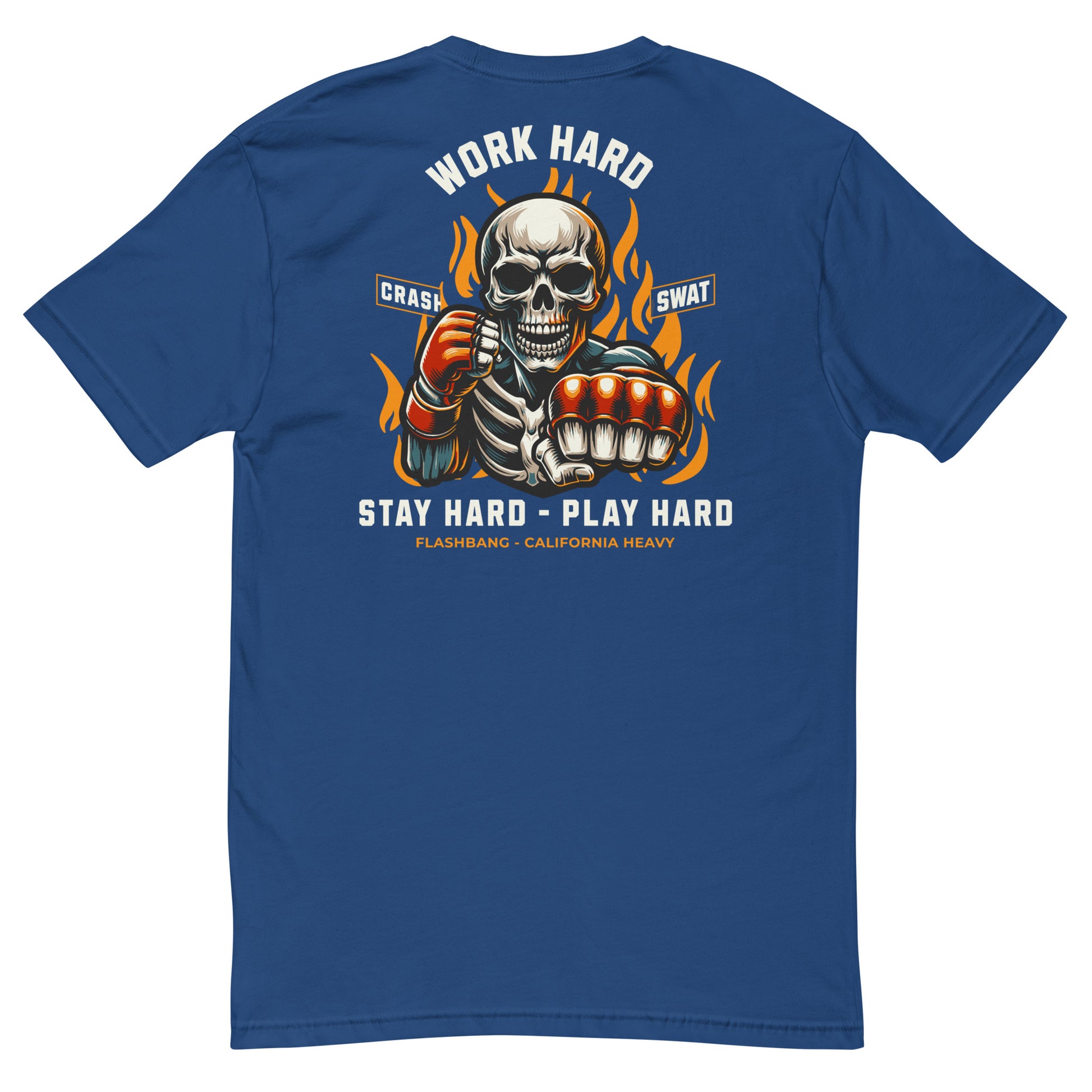 Blue t-shirt with a skeleton design and text on the back