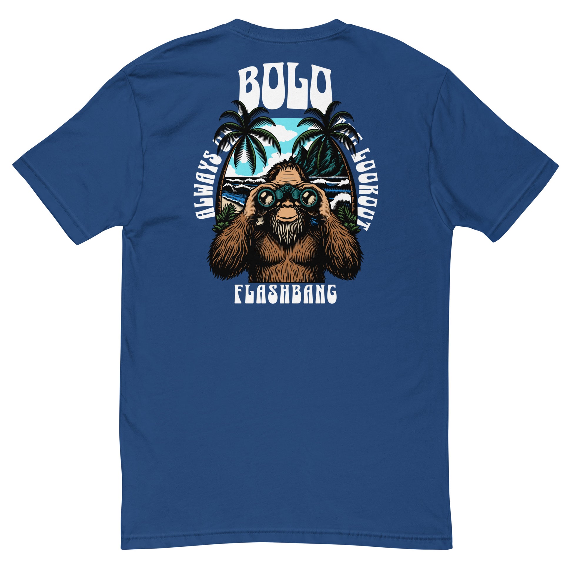 Blue t-shirt with a graphic of a bear holding binoculars and palm trees on the back.