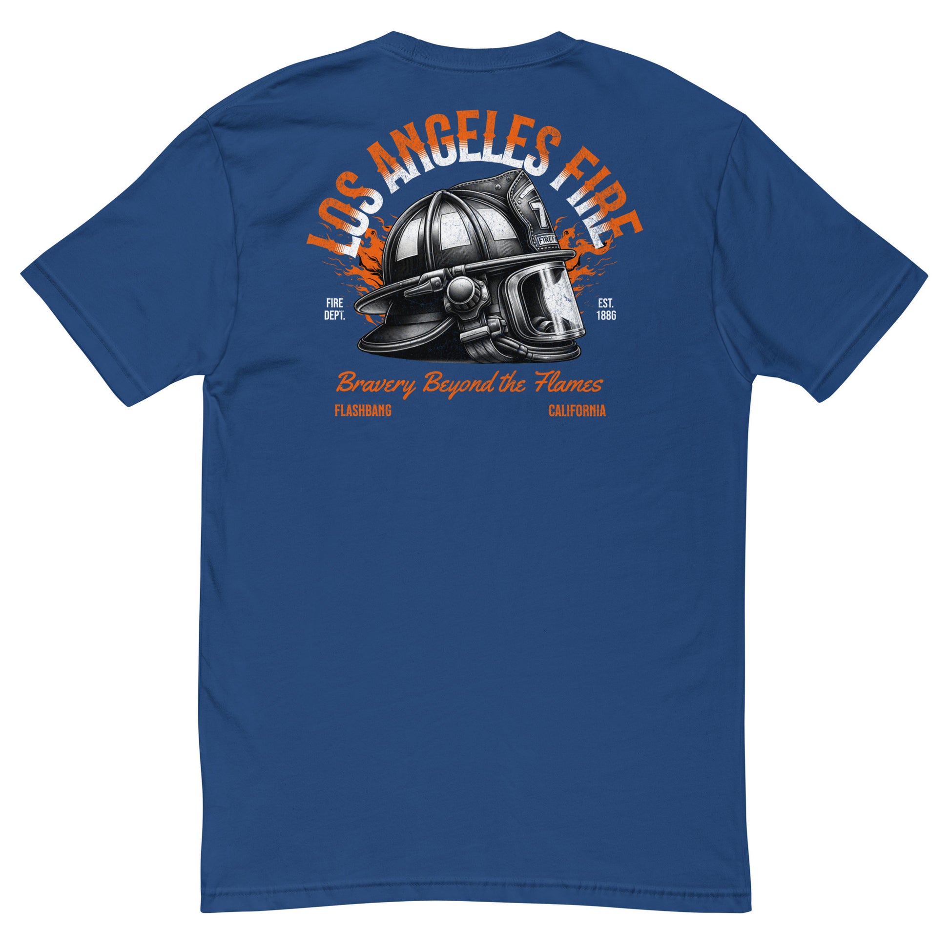 Blue t-shirt with a fire helmet graphic and text on the back, on a white background