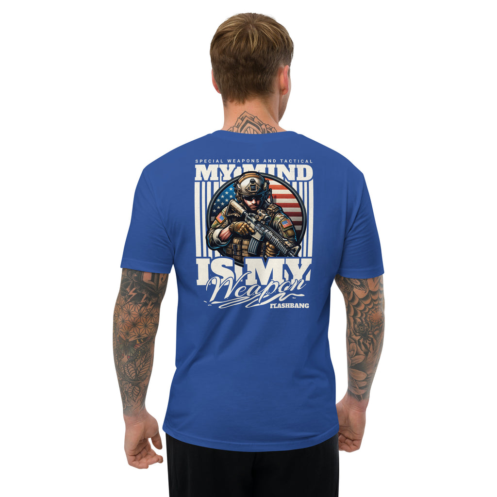 Blue t-shirt with graphic design and text on a white background