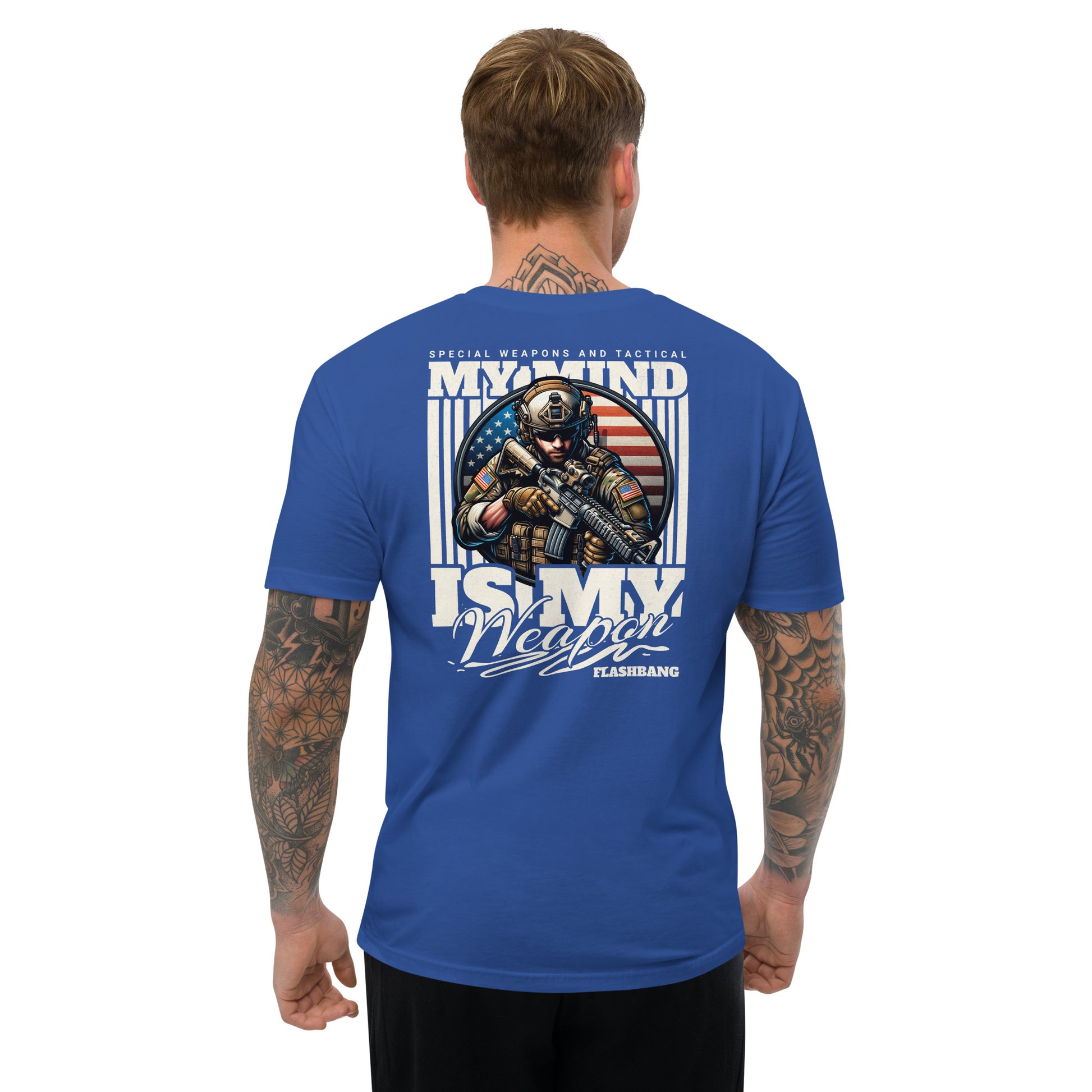Blue t-shirt with graphic design and text on a white background