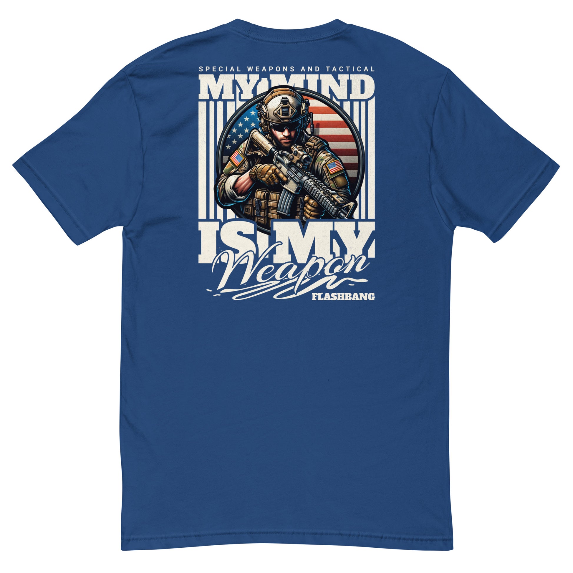 Blue t-shirt with graphic design and text on a white background