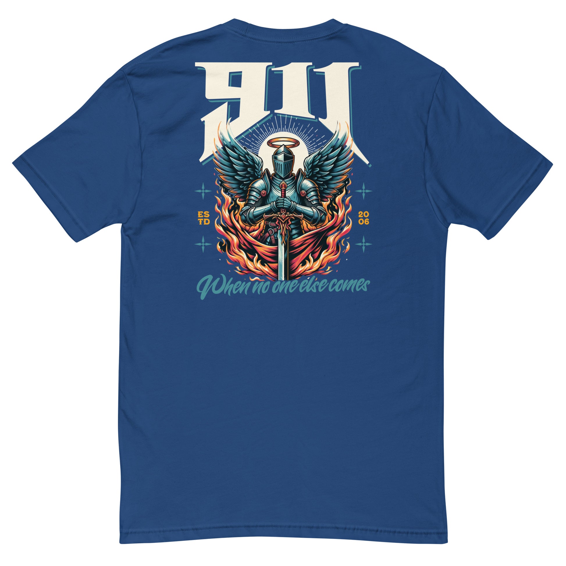 Blue t-shirt with a graphic design on the back featuring a knight and text.