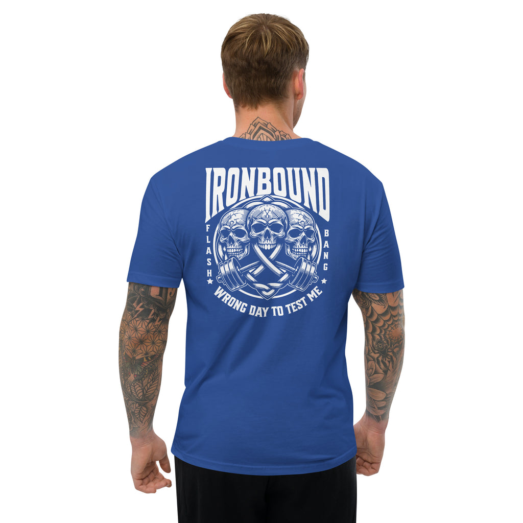Man wearing a blue t-shirt with 'IRONBOUND' design on the back, on a white background