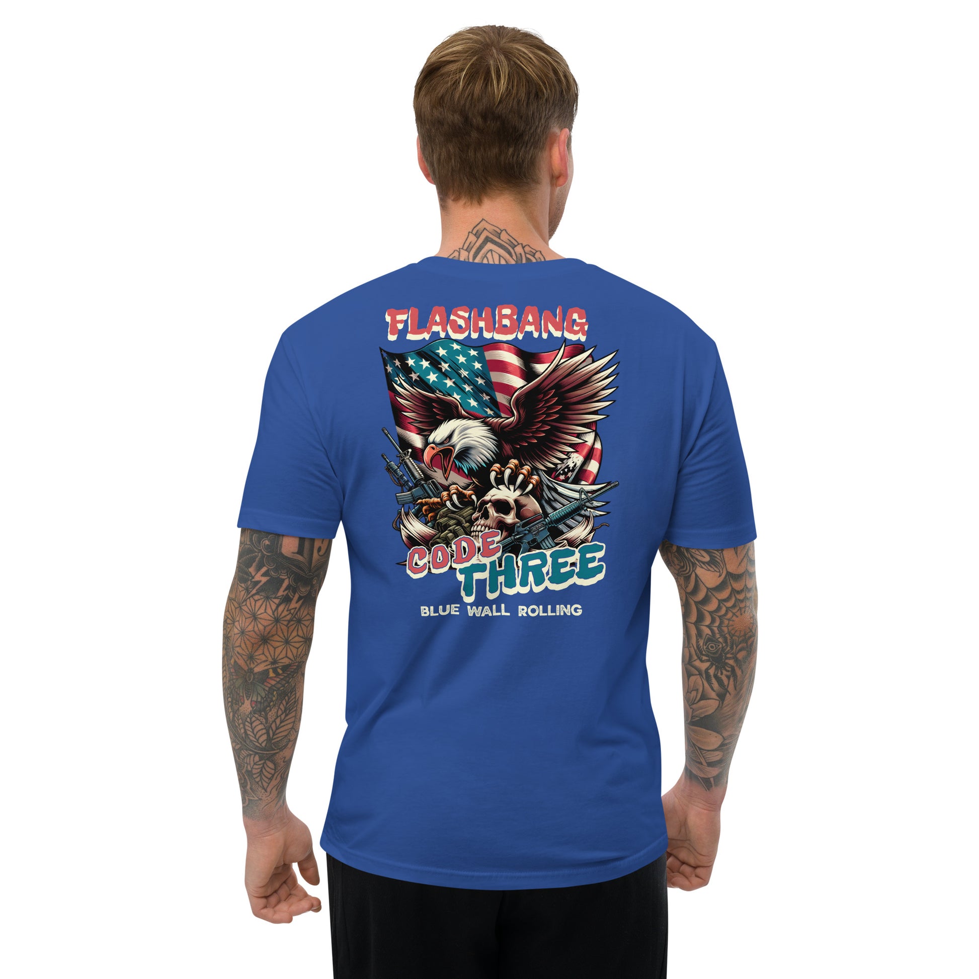 Man wearing a blue t-shirt with a graphic design on the back, featuring an eagle and text.