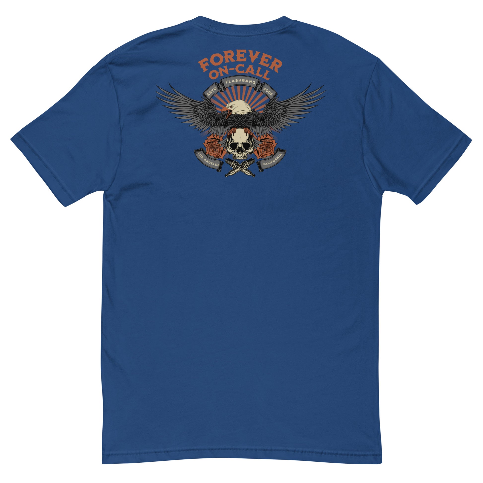 Blue t-shirt with an eagle graphic and 'Forever On-Call' text on the back, on a white background.