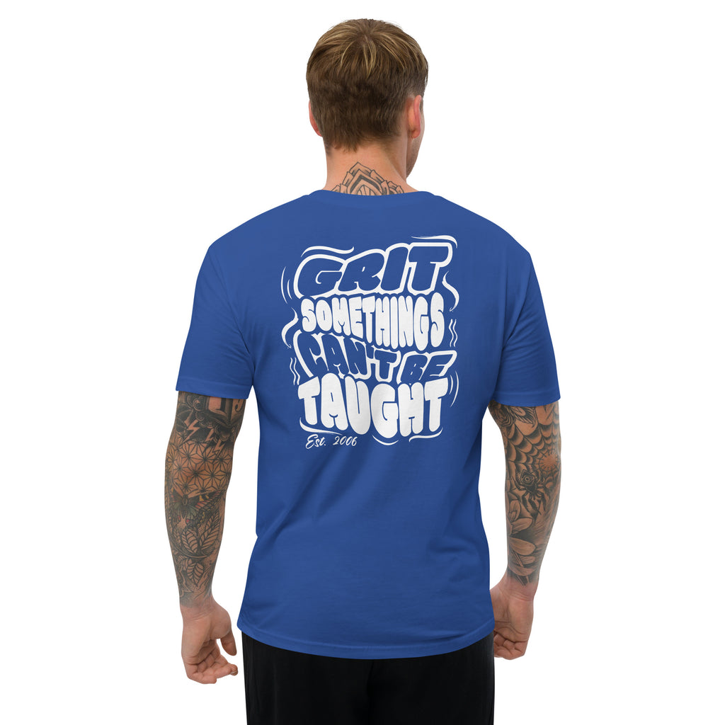 Man wearing a blue t-shirt with motivational quote on the back, standing against a white background