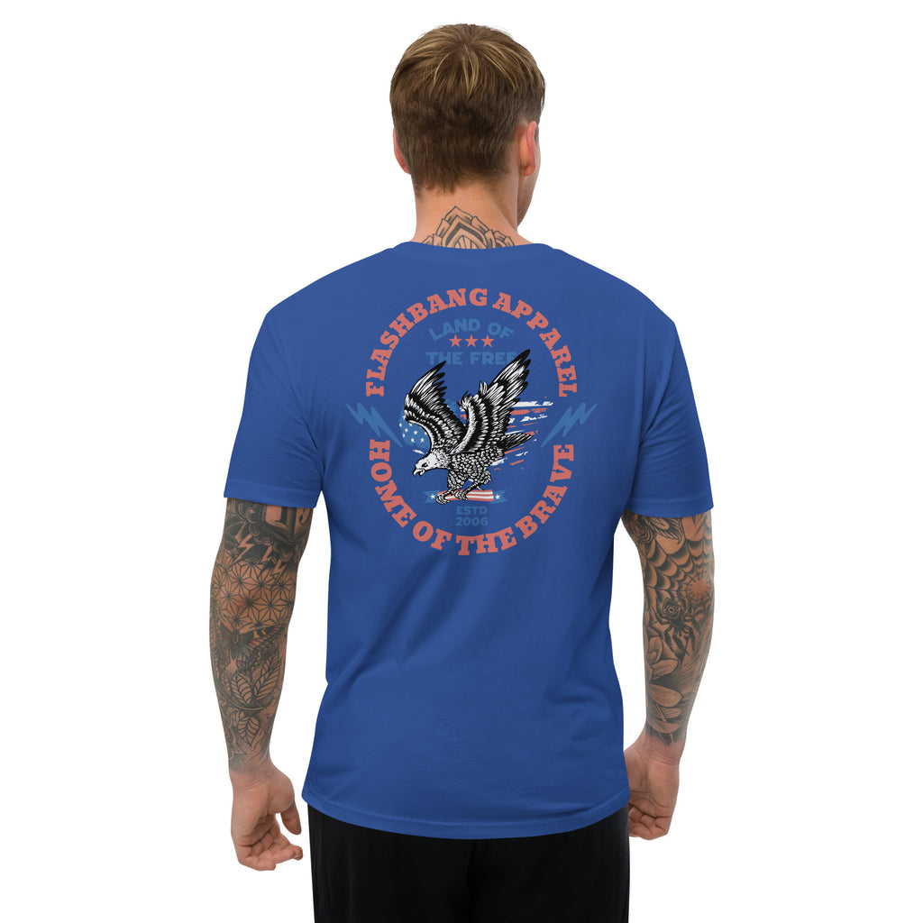 Man wearing a blue t-shirt with an eagle design and text on the back, on a white background.