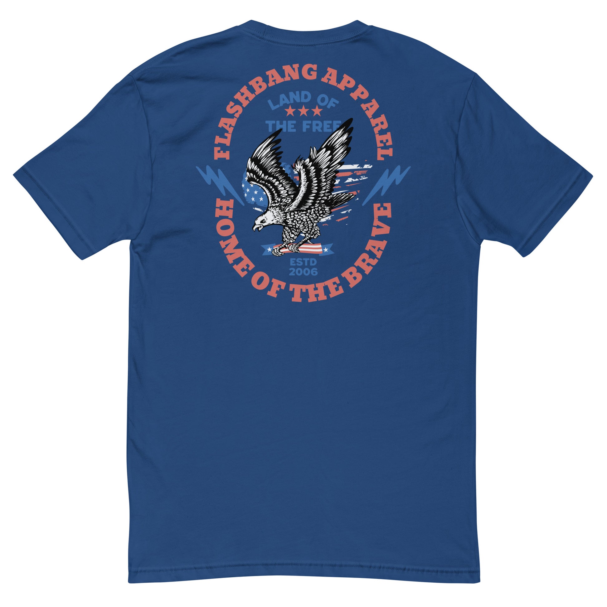 Blue t-shirt with an eagle graphic and text on the back, displayed against a white background.