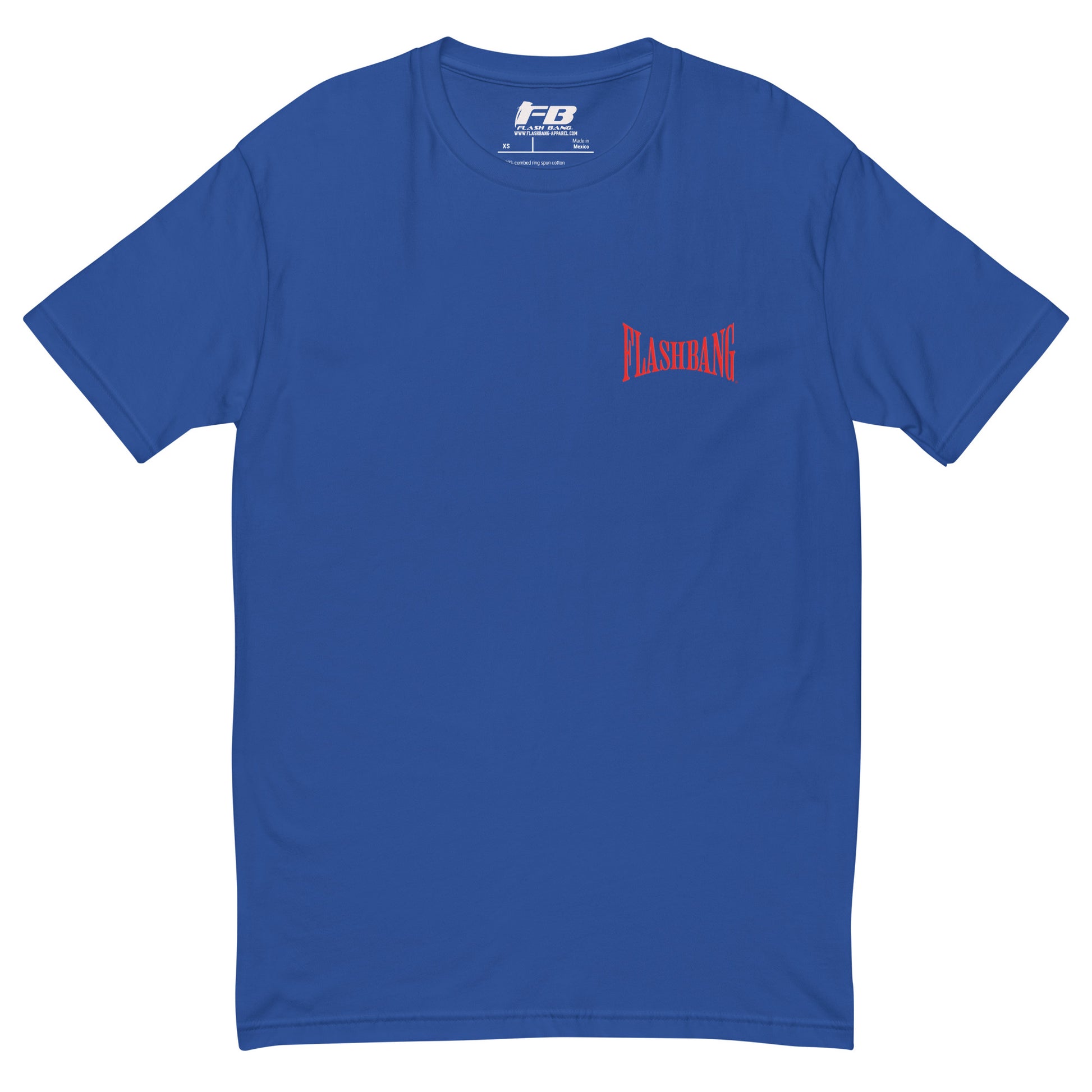 Into The Heat T-shirt with firefighter skull graphic, perfect for brave men who love firefighter apparel - Front View - Royal Blue with Flashbang Text