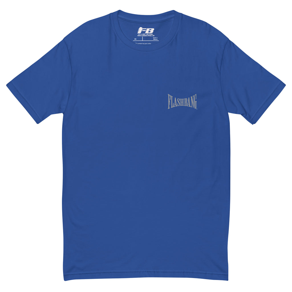 Bad Guys T-shirt with Spartan graphic, designed for powerlifters and gym enthusiasts. Features a workout motivation quote and bold style - Front View - Royal Blue with Flashbang Text