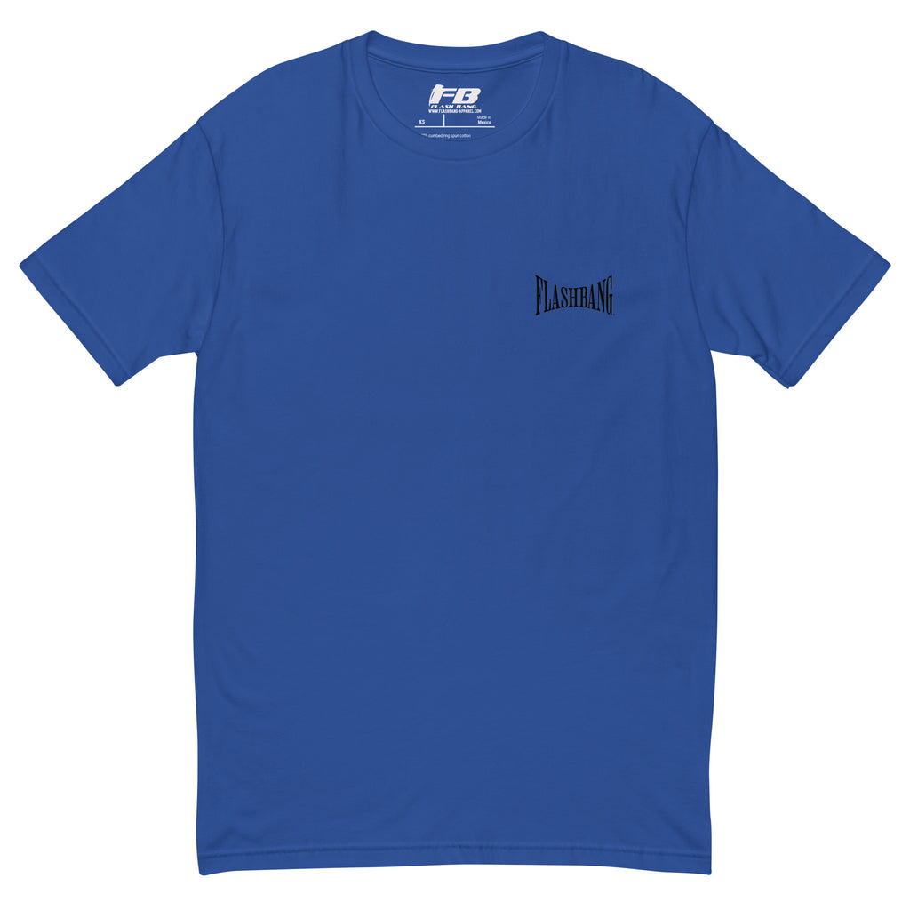 Authentic Black T-shirt with City of Angels letter graphic, black print tee design - rugged, durable, and made for daily wear - Front View - Royal Blue with Flashbang Text