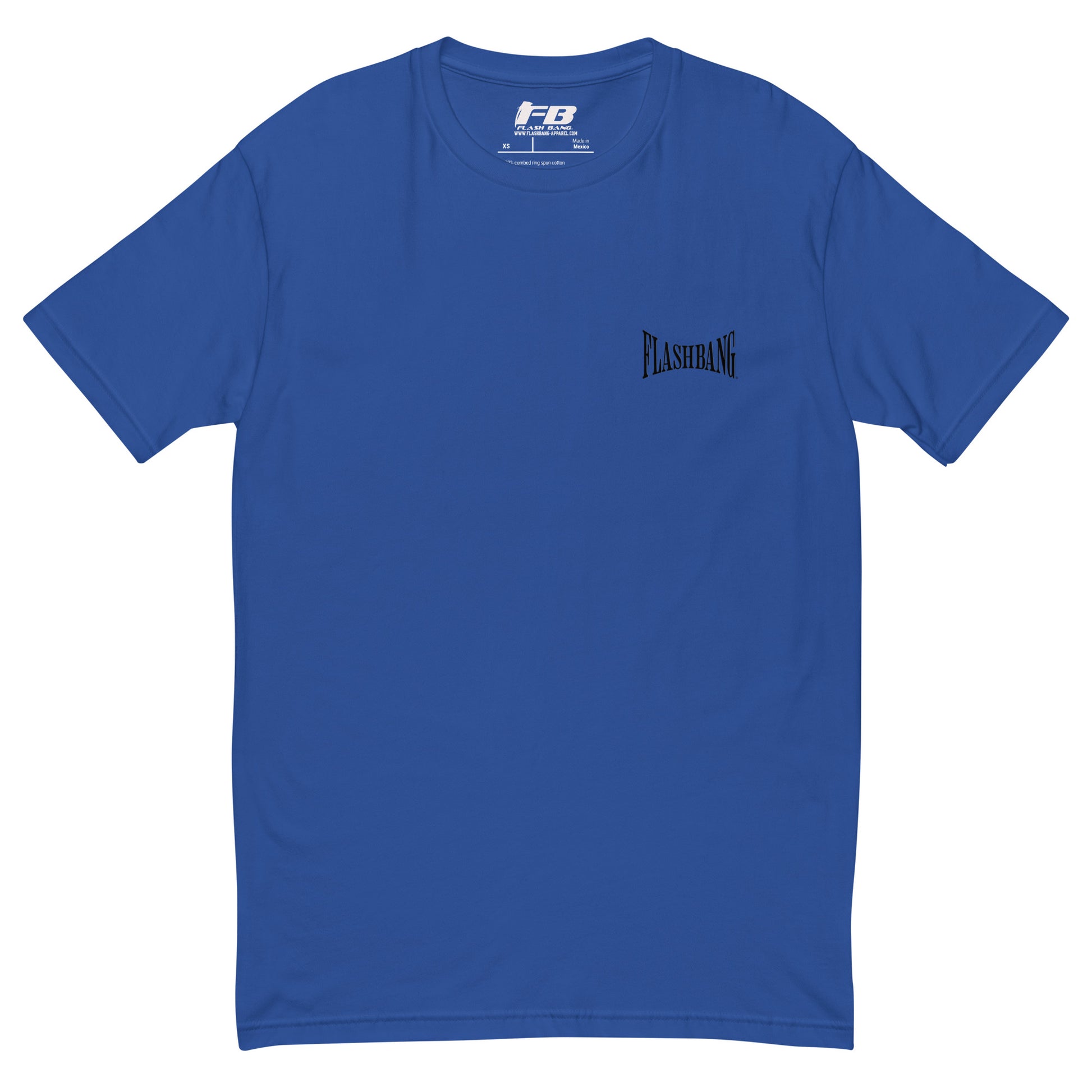 Authentic Black T-shirt with City of Angels letter graphic, black print tee design - rugged, durable, and made for daily wear - Front View - Royal Blue with Flashbang Text