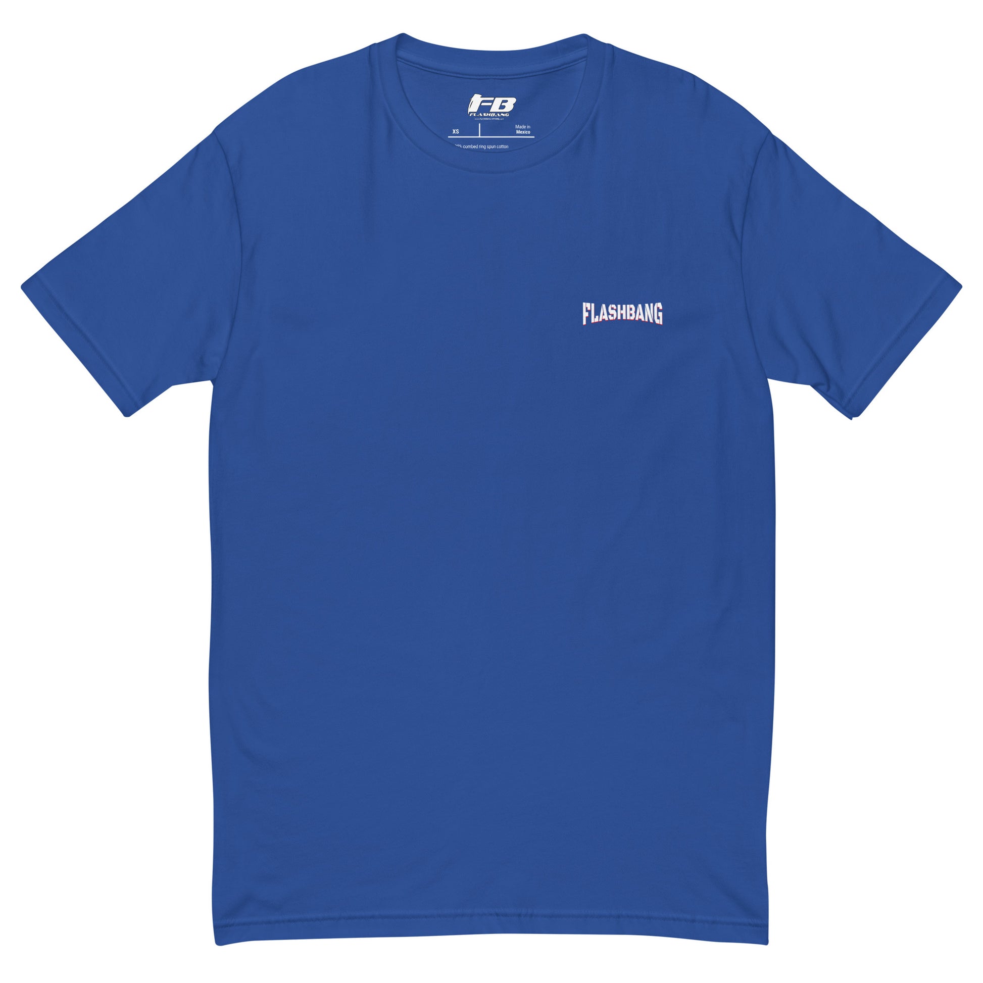 Blue t-shirt with 'Flashbang' logo on a white background