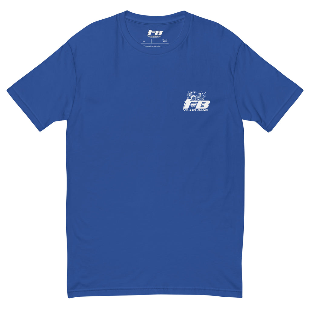 Blue t-shirt with a logo on the chest against a white background