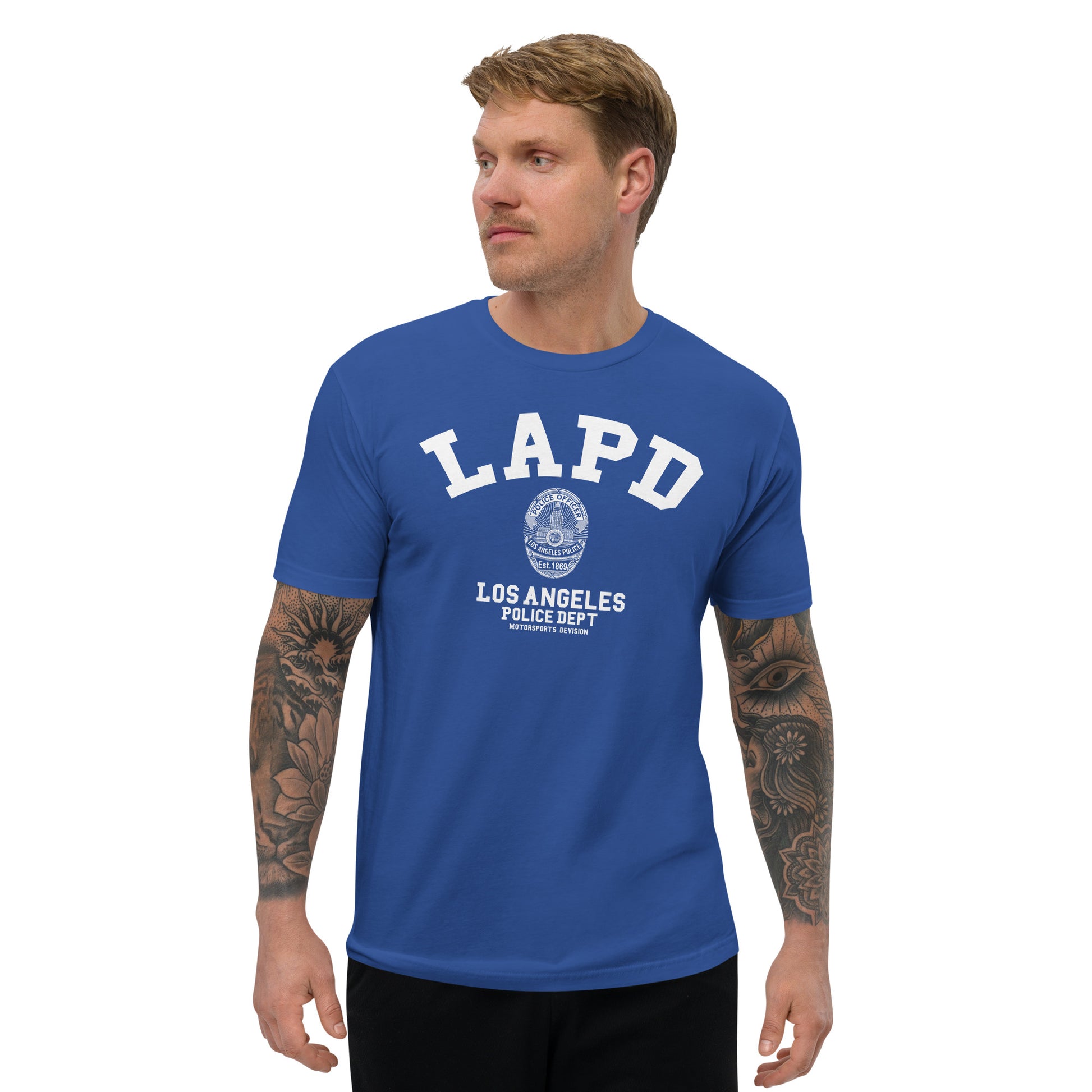 Man wearing a blue LAPD t-shirt on a white background