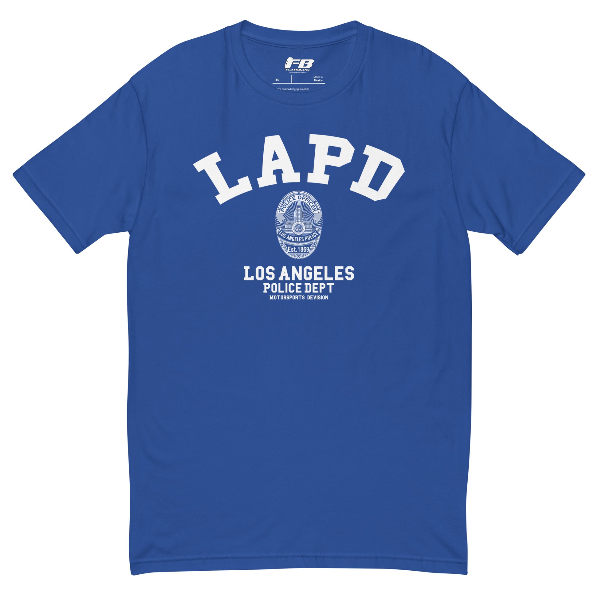 Blue t-shirt with LAPD Los Angeles Police Dept logo on a white background