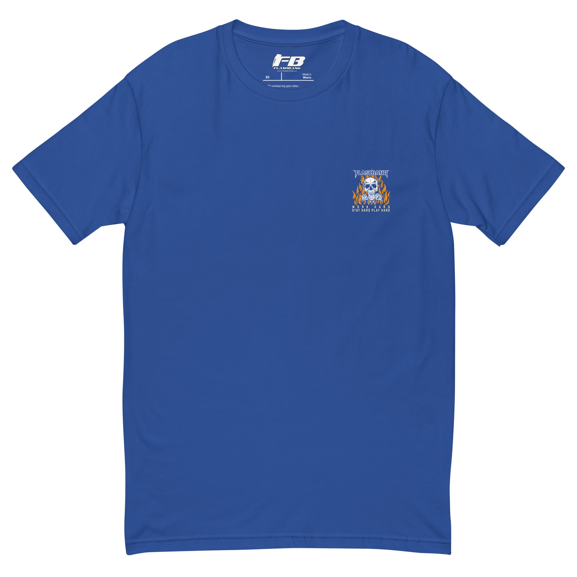 Blue t-shirt with a logo on the chest against a white background