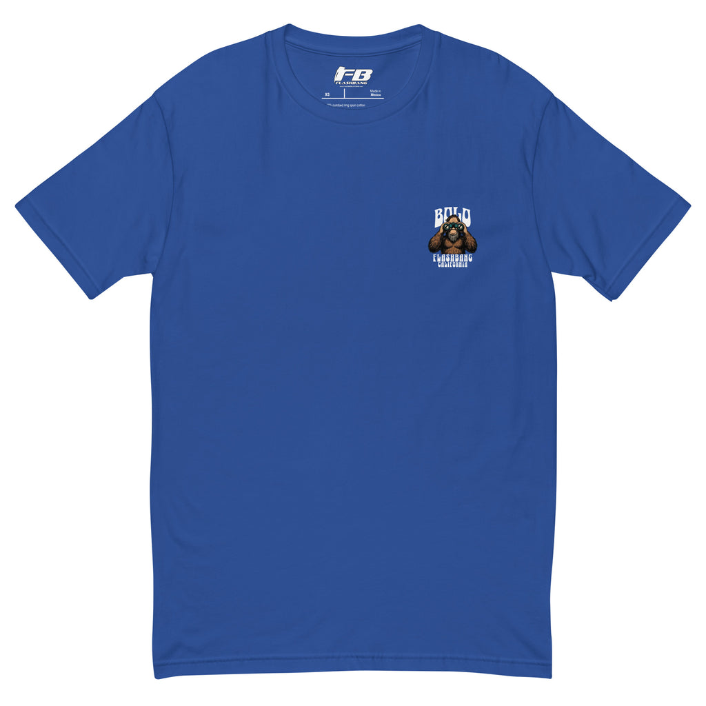 Blue t-shirt with a logo on the chest against a white background