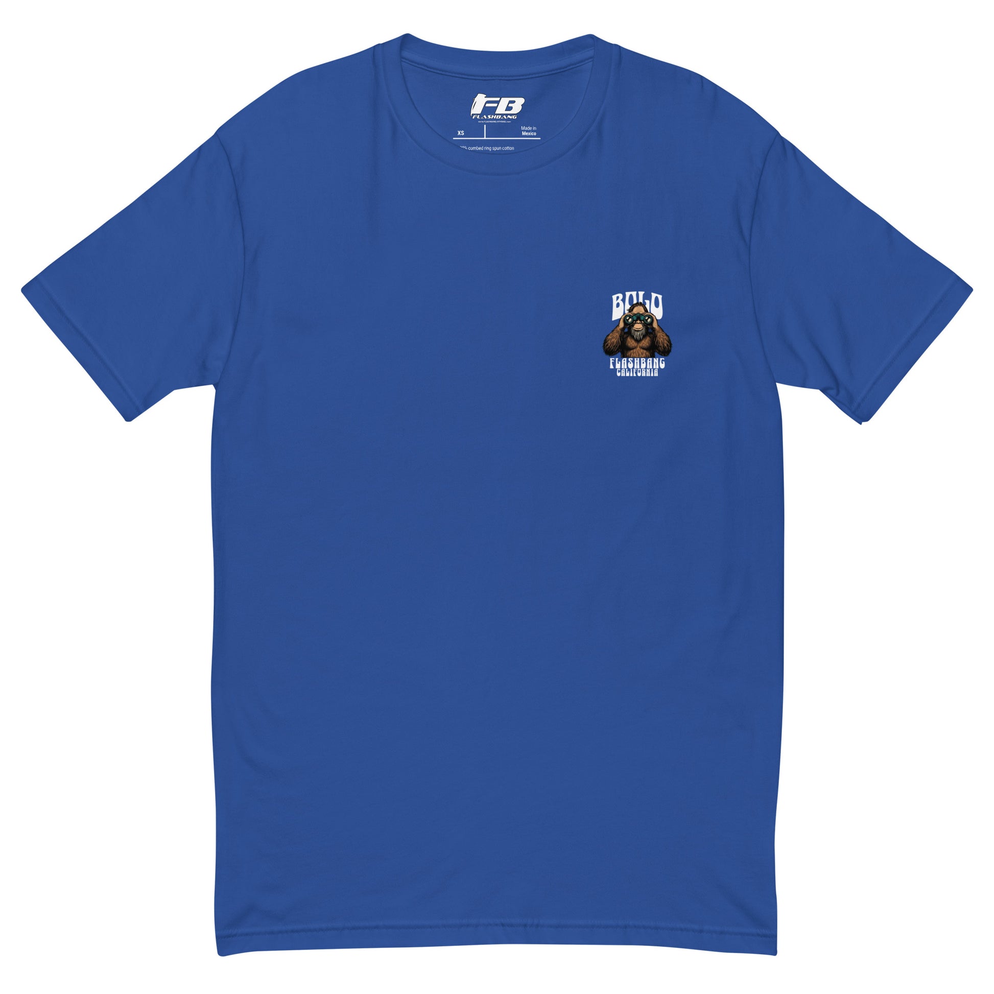 Blue t-shirt with a logo on the chest against a white background