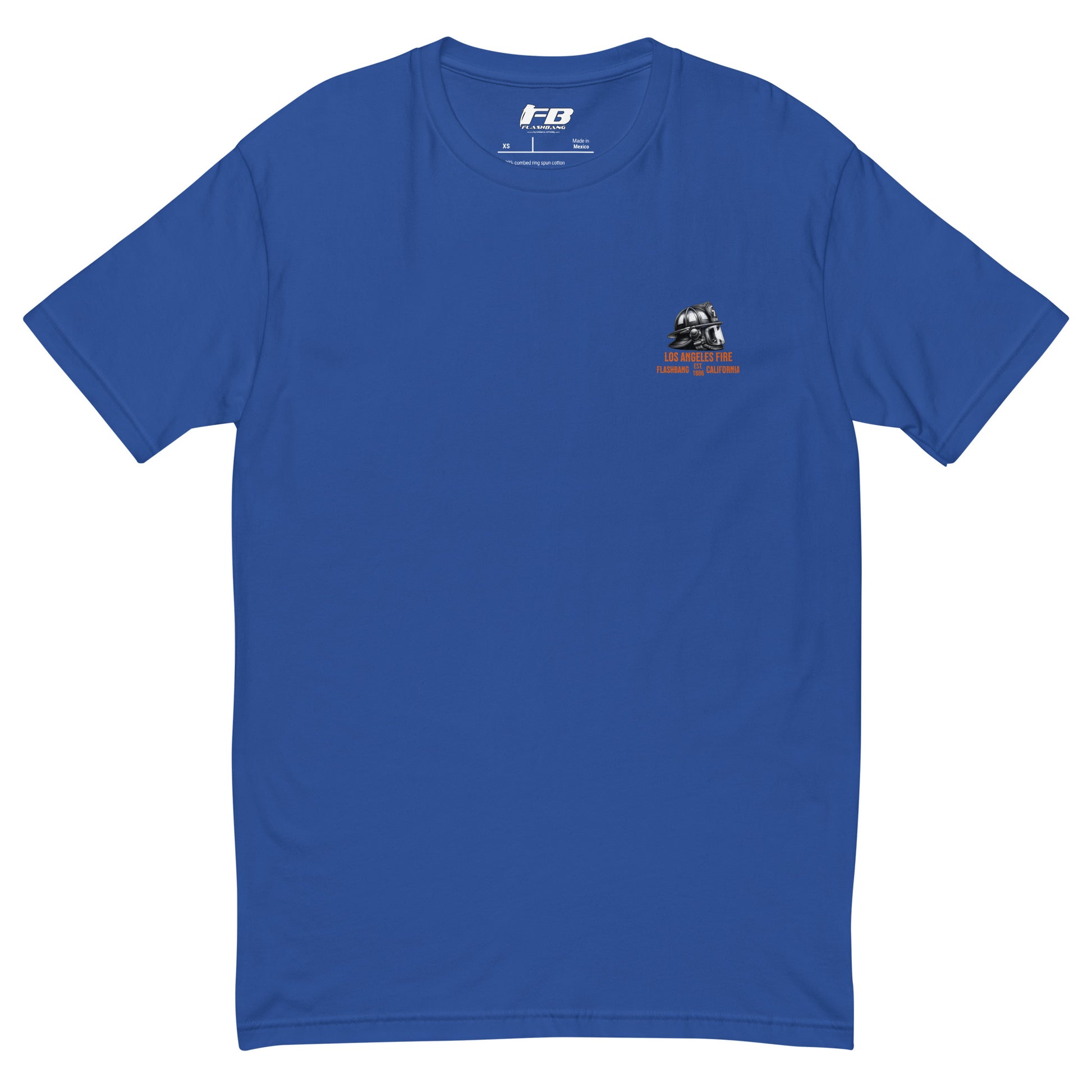 Blue t-shirt with a logo on the chest against a white background
