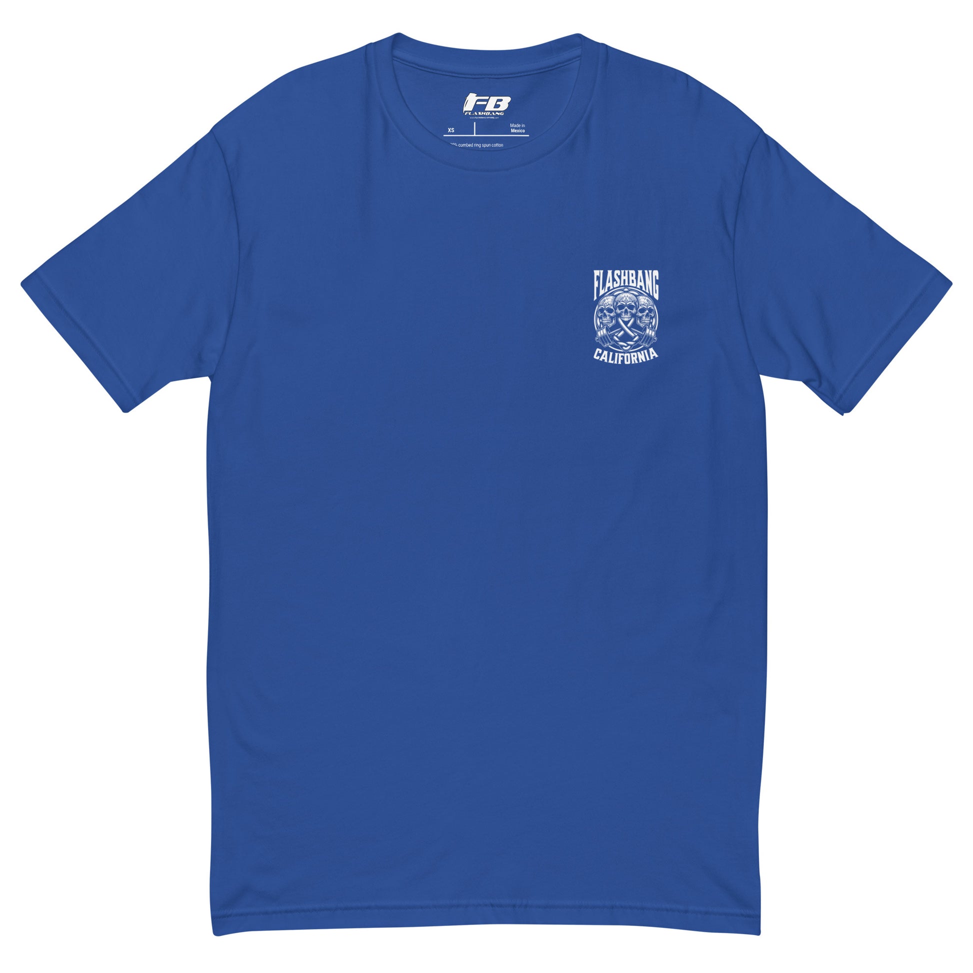 Blue t-shirt with a logo on the chest against a white background