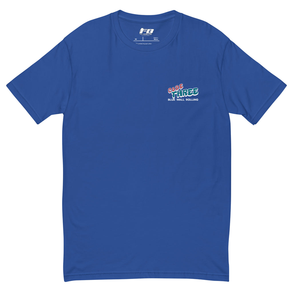 Blue t-shirt with a logo on the chest against a white background