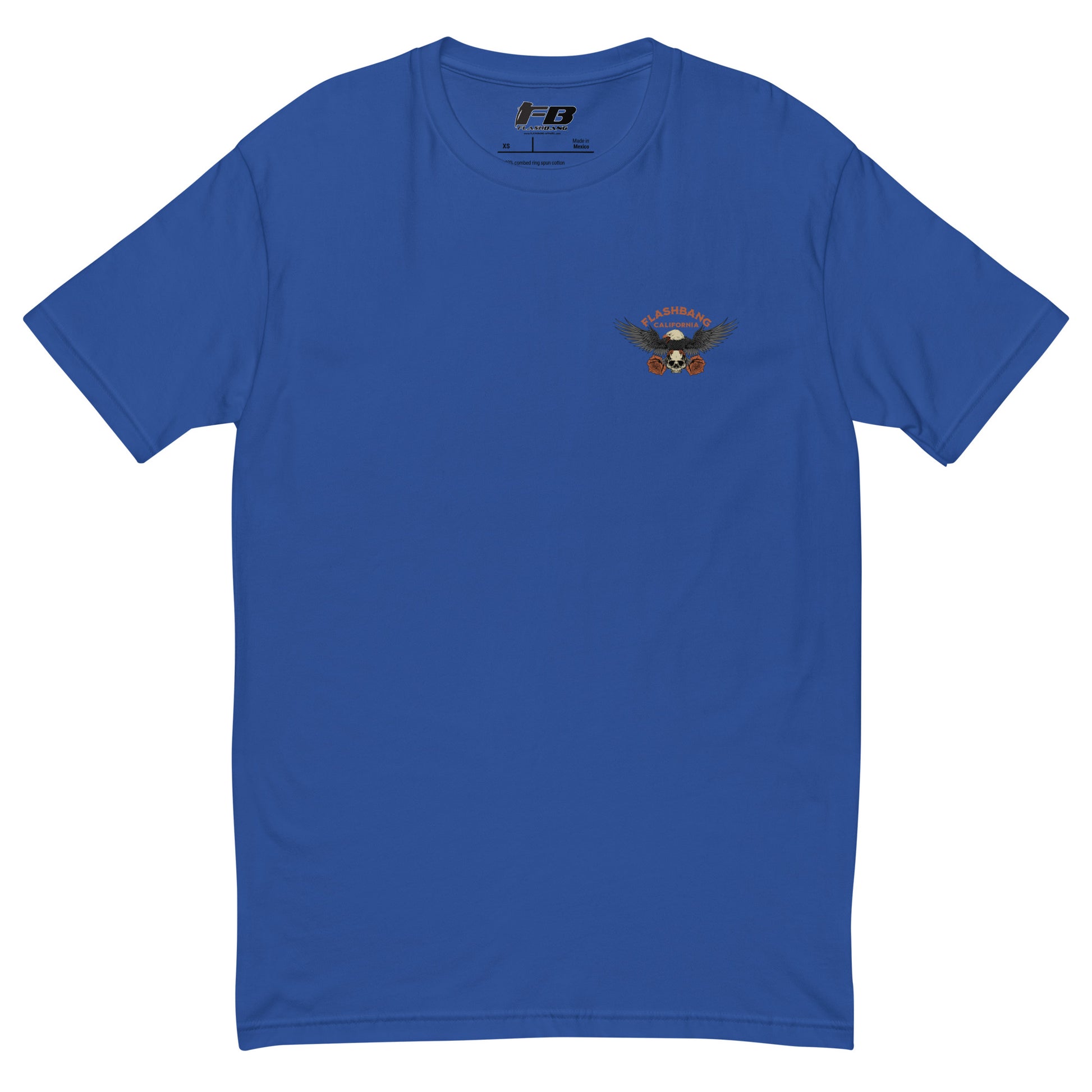 Blue t-shirt with a logo on the chest against a white background