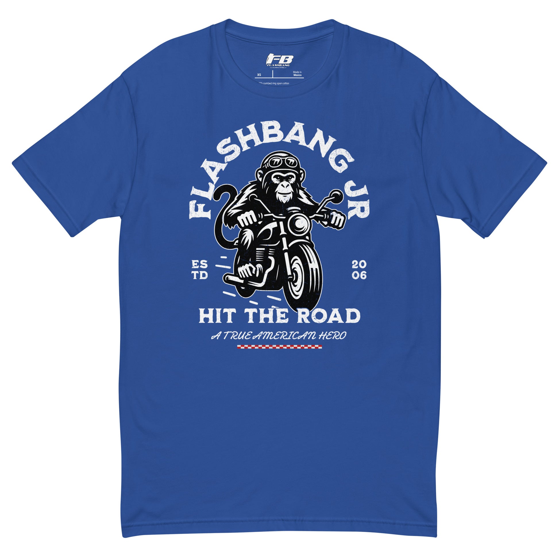 Royal b t-shirt with monkey on a motorcycle graphic and 'Flashbang Jr' text on a white background