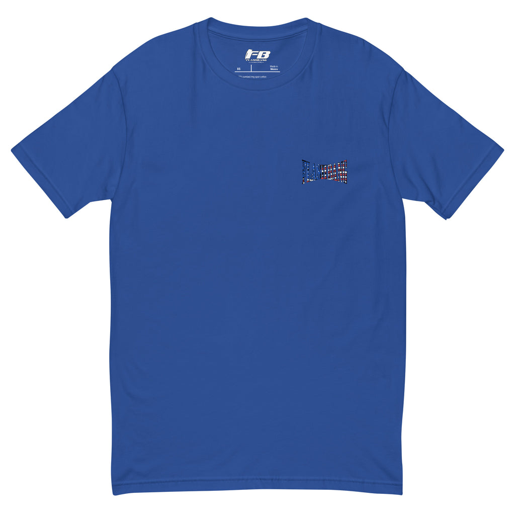 Blue t-shirt with a small logo on the chest against a white background