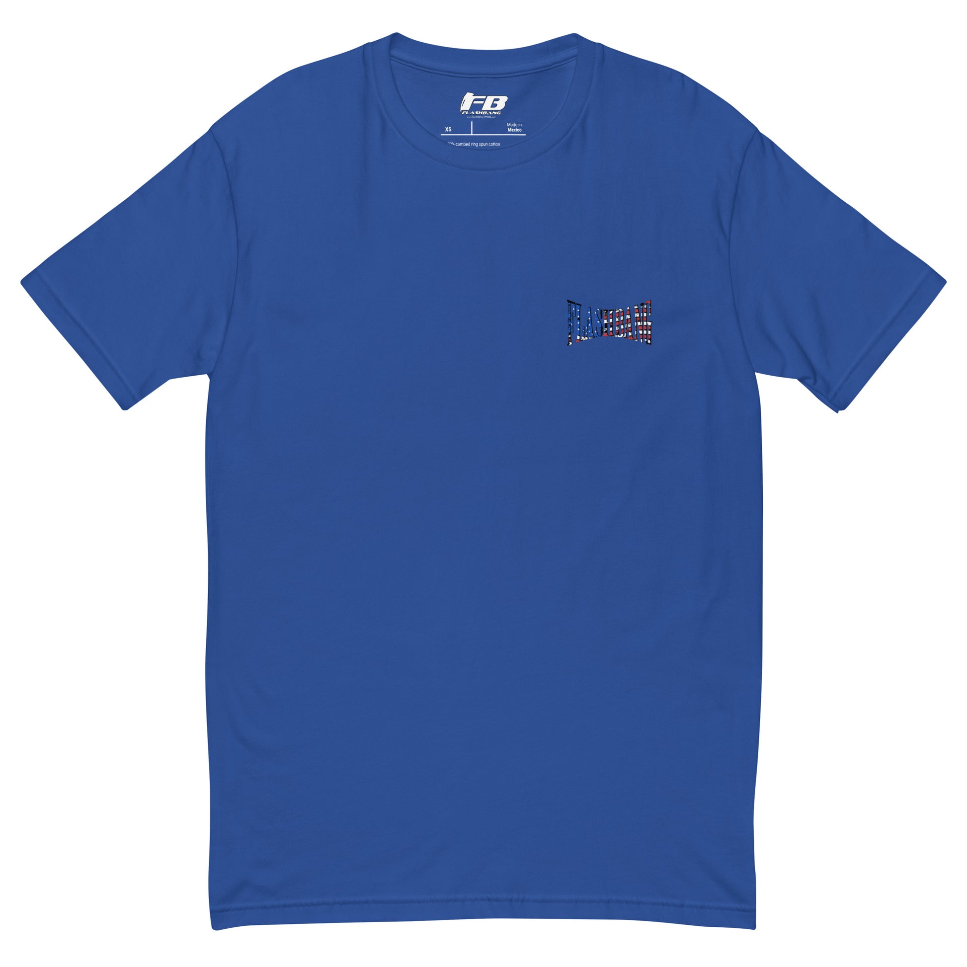 Blue t-shirt with a small logo on the chest against a white background