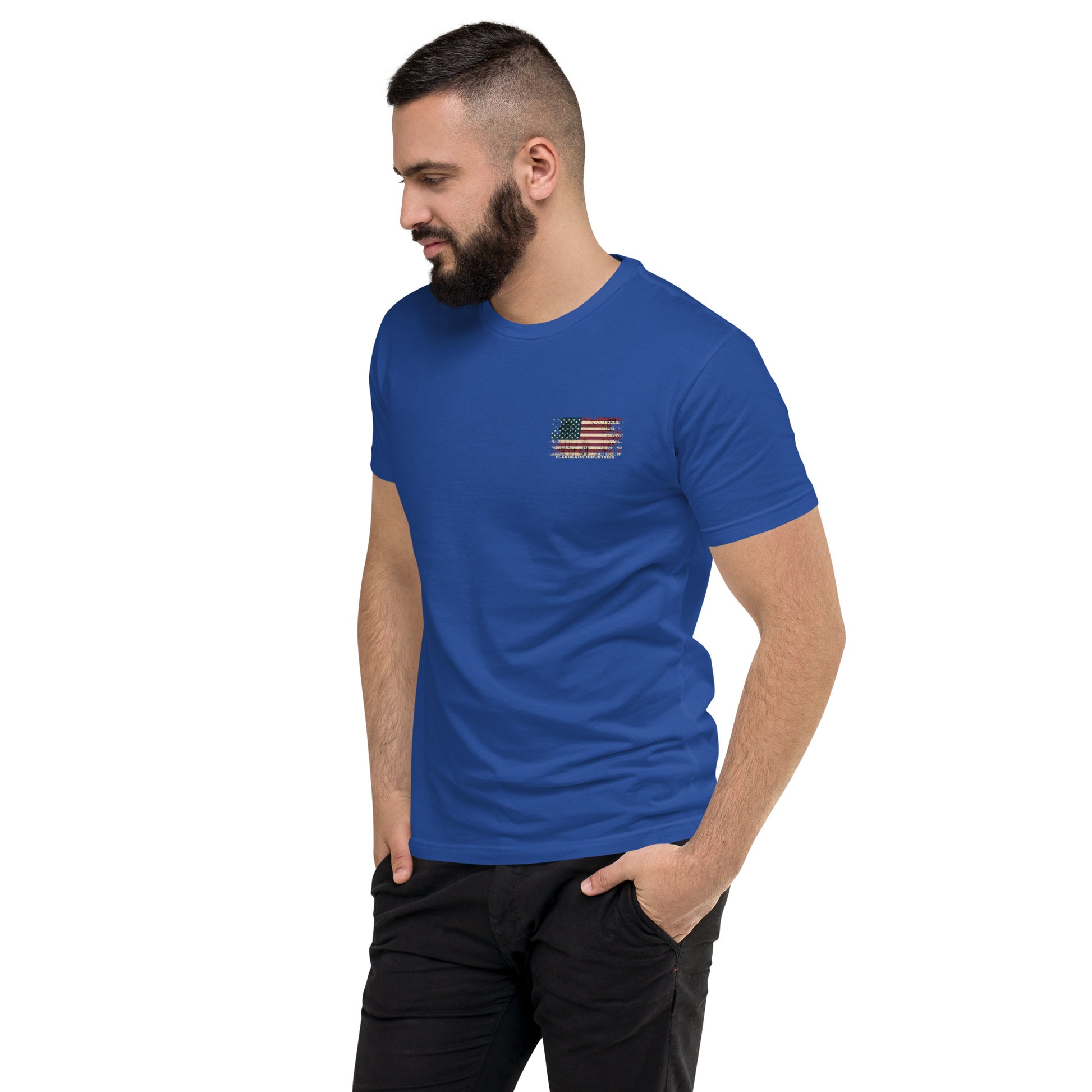 US Army T-shirt with USA flag and skull design. Operator T-shirt for men - Front View - Royal Blue - Model Guy