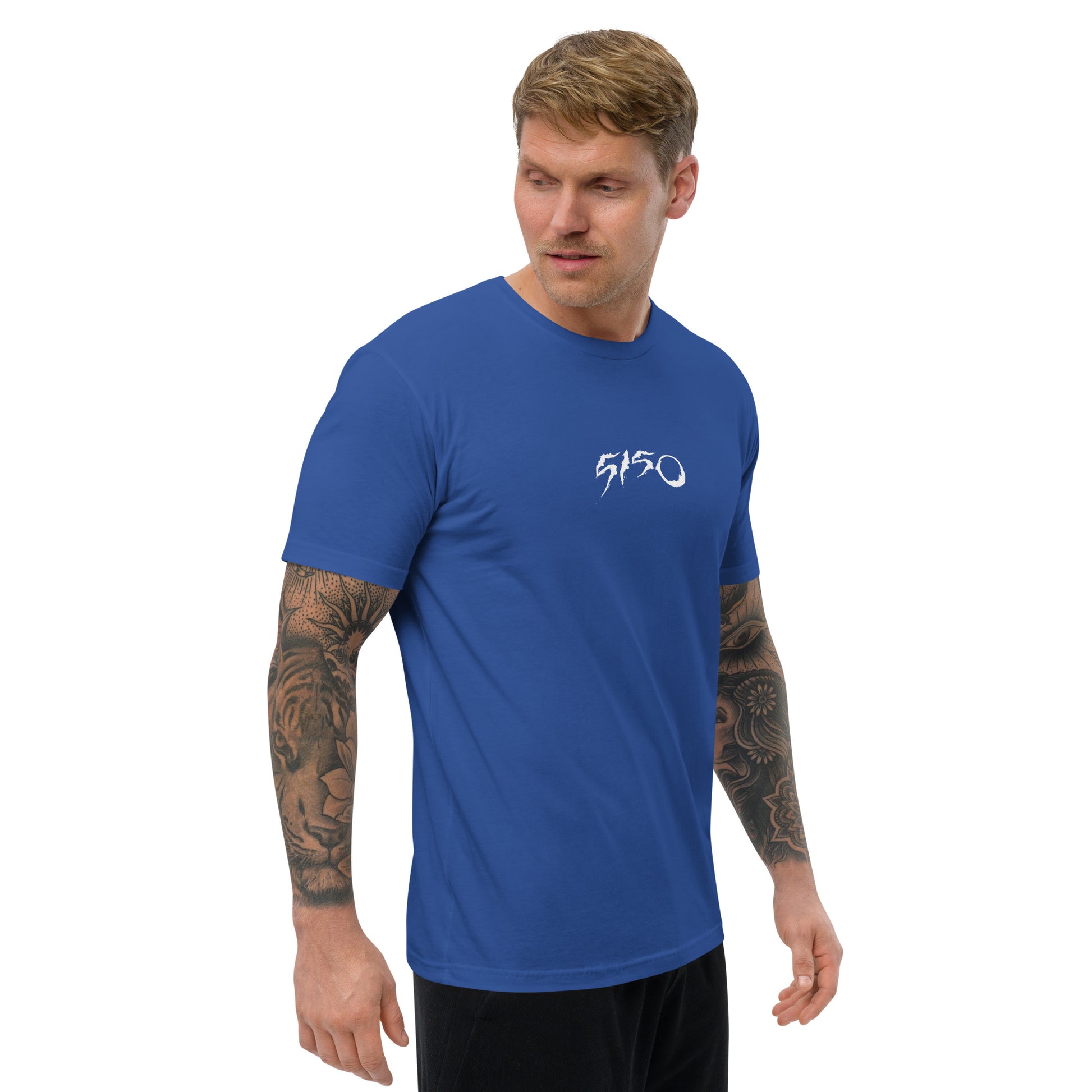 Funny World 5150 T-shirt honoring mental health awareness - Front View - Royal Blue with 5150 Text - Model 
Guy