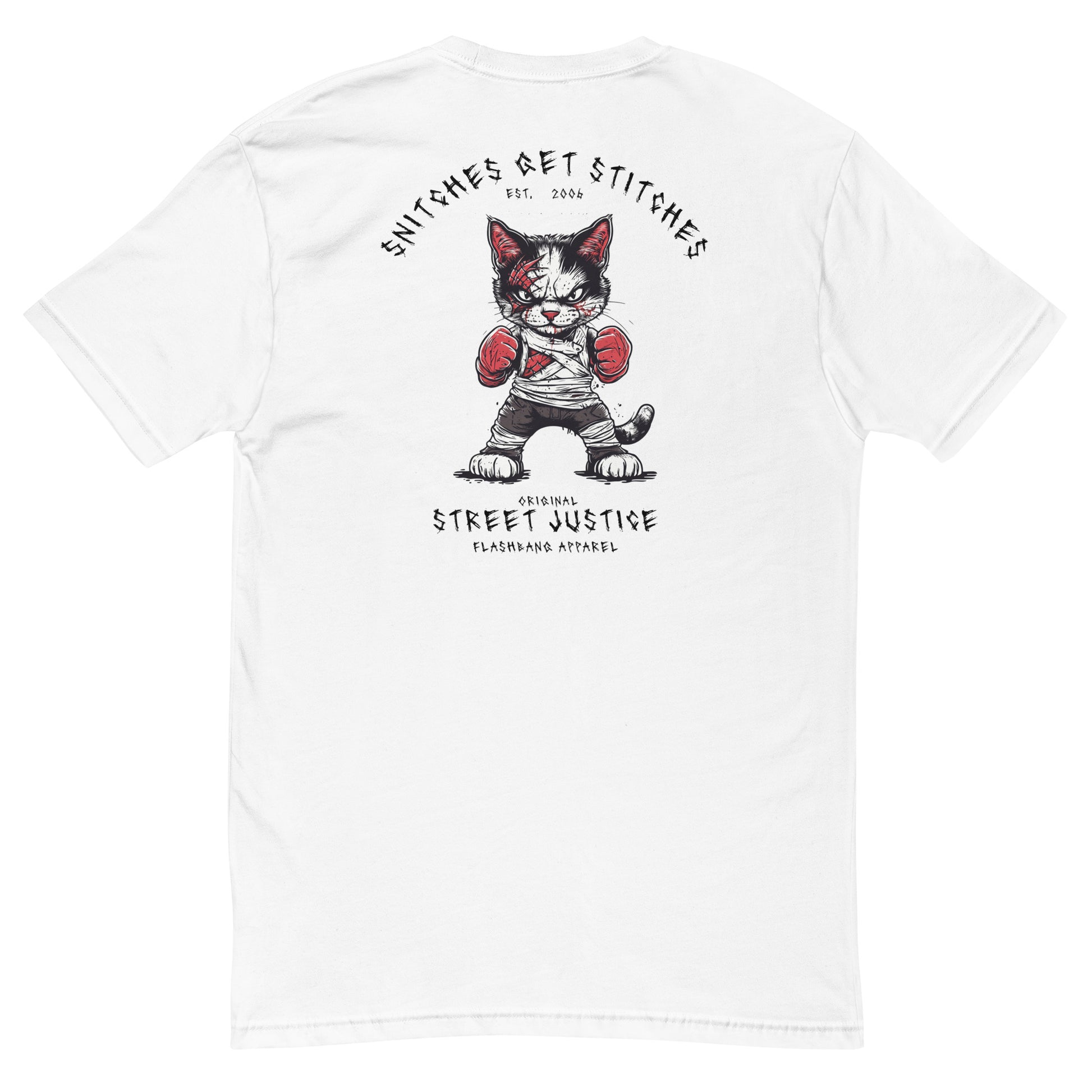 Snitches Get Stitches T-shirt featuring a street justice cat design, ideal for fans of cool cat t-shirts, boxing tees, and street cat shirts - Back View- White