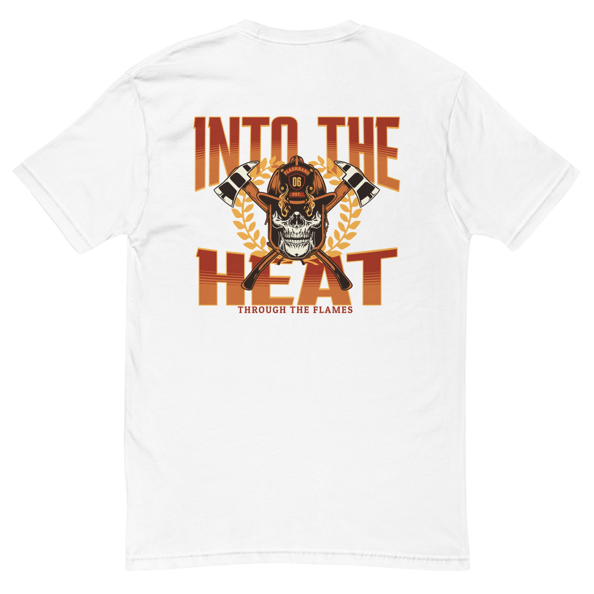 Into The Heat T-shirt with firefighter skull graphic, perfect for brave men who love firefighter apparel - Back View - White