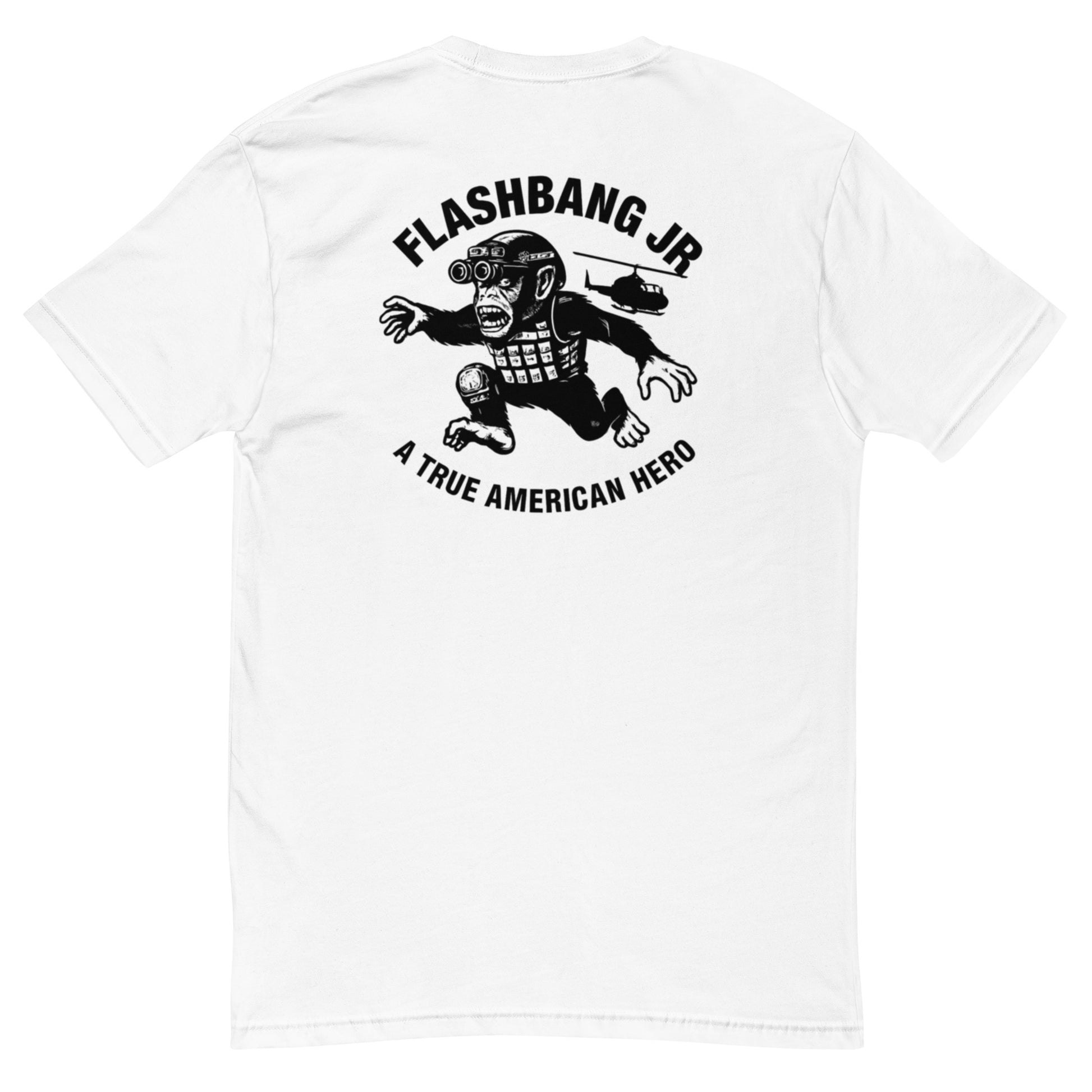A True American Hero Lite T-shirt with a military monkey graphic, showcasing American heroism and pride in a lightweight, rugged design - Back  View - White