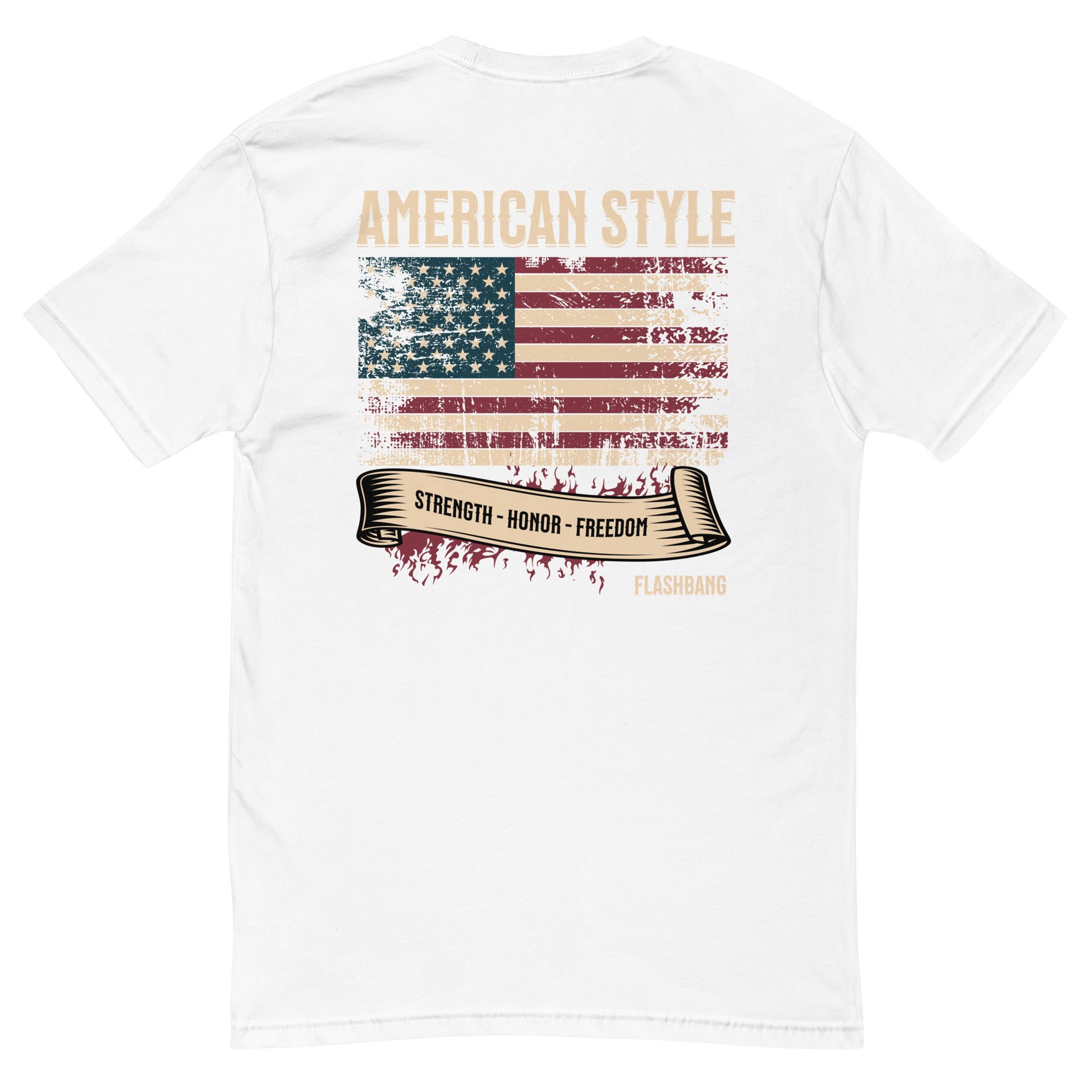 American Style T-shirt featuring USA flag and Strength Honor Freedom message, designed for veterans and patriots - Back View - White