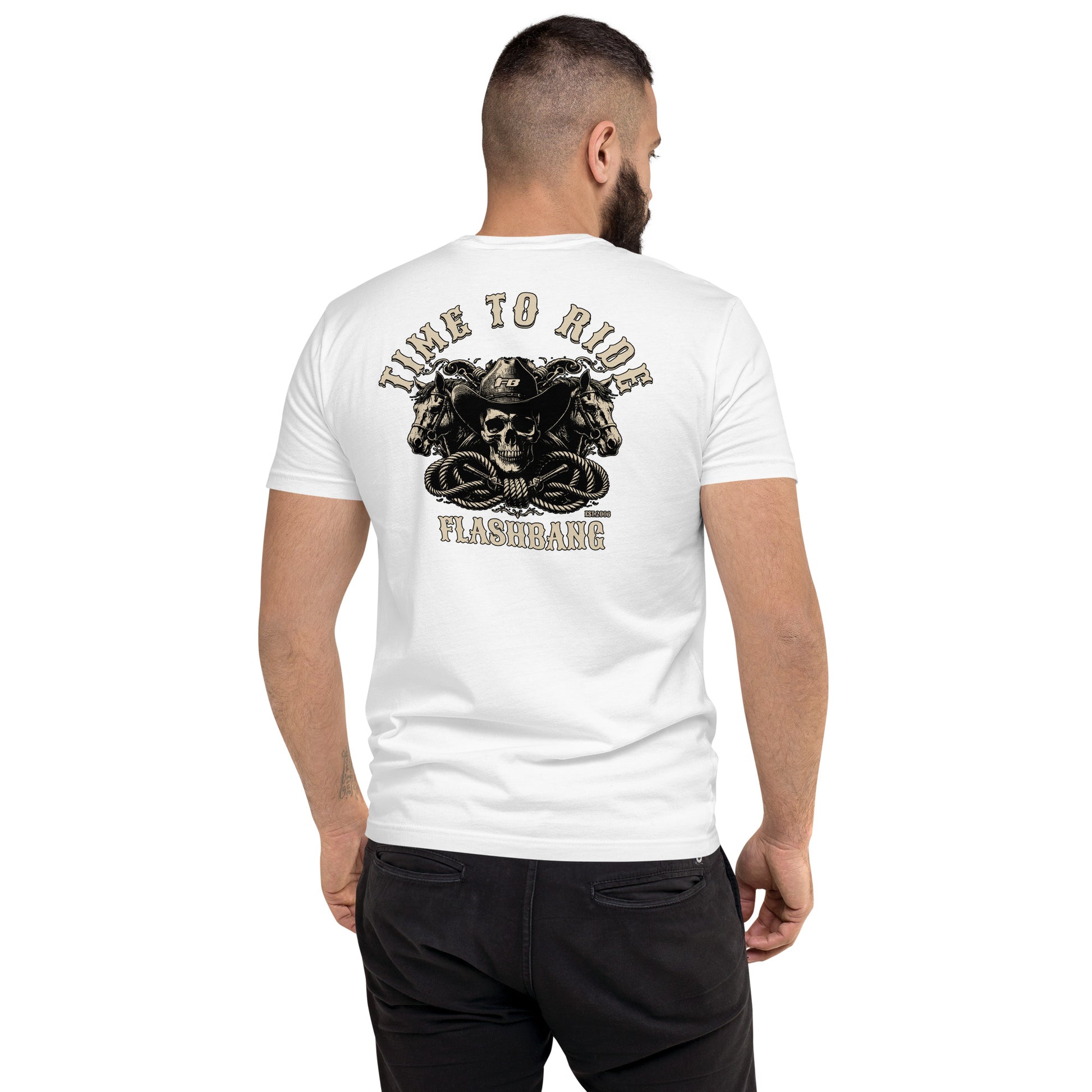 Time To Ride Lite T-shirt featuring a western cowboy skull design with horses and rope, rugged graphic for riders and patriots - Back View - White - Model Guy