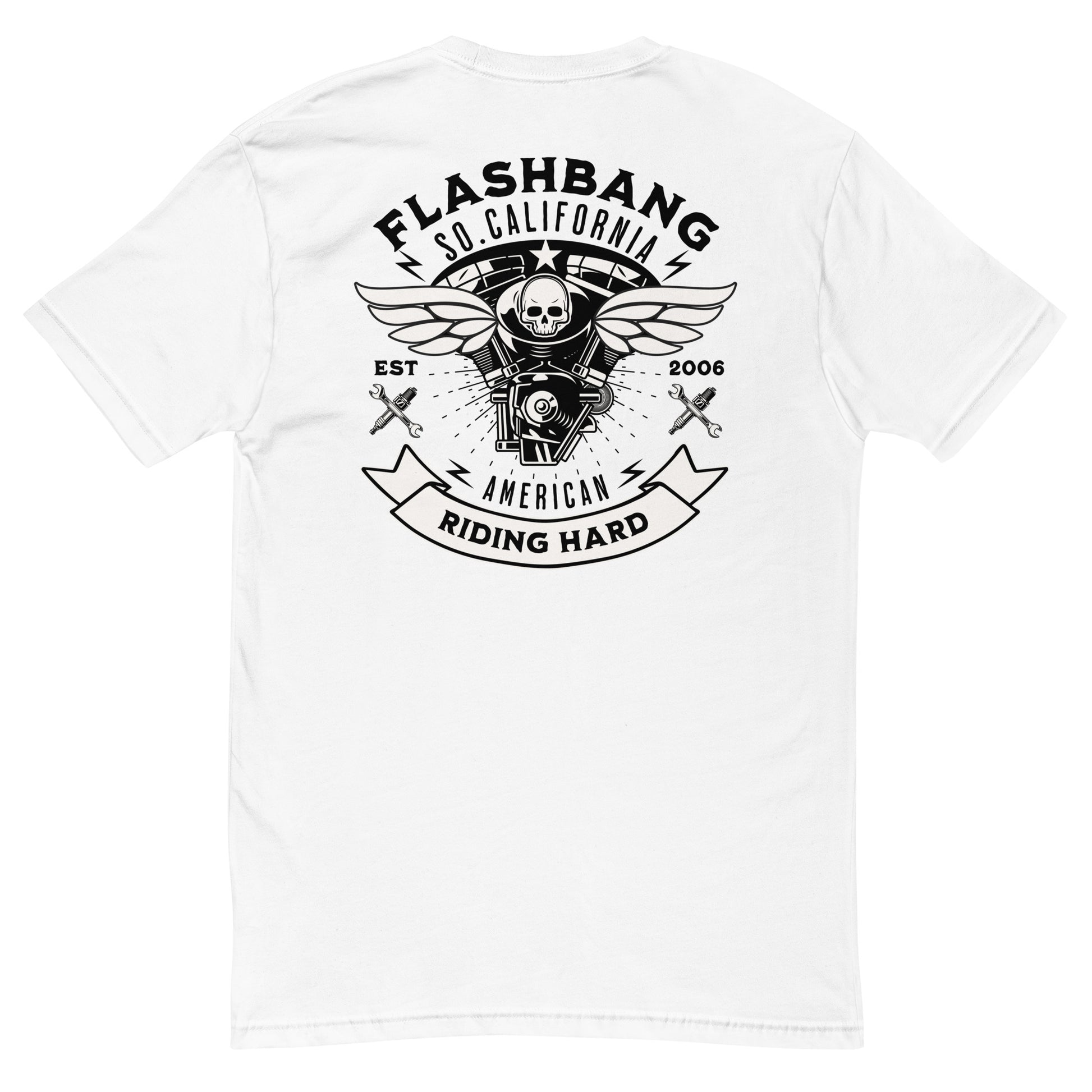 Riding Hard Lite T-Shirt featuring wing skull design, durable biker motorcycle t shirt and riding shirt for riders - Back View - White