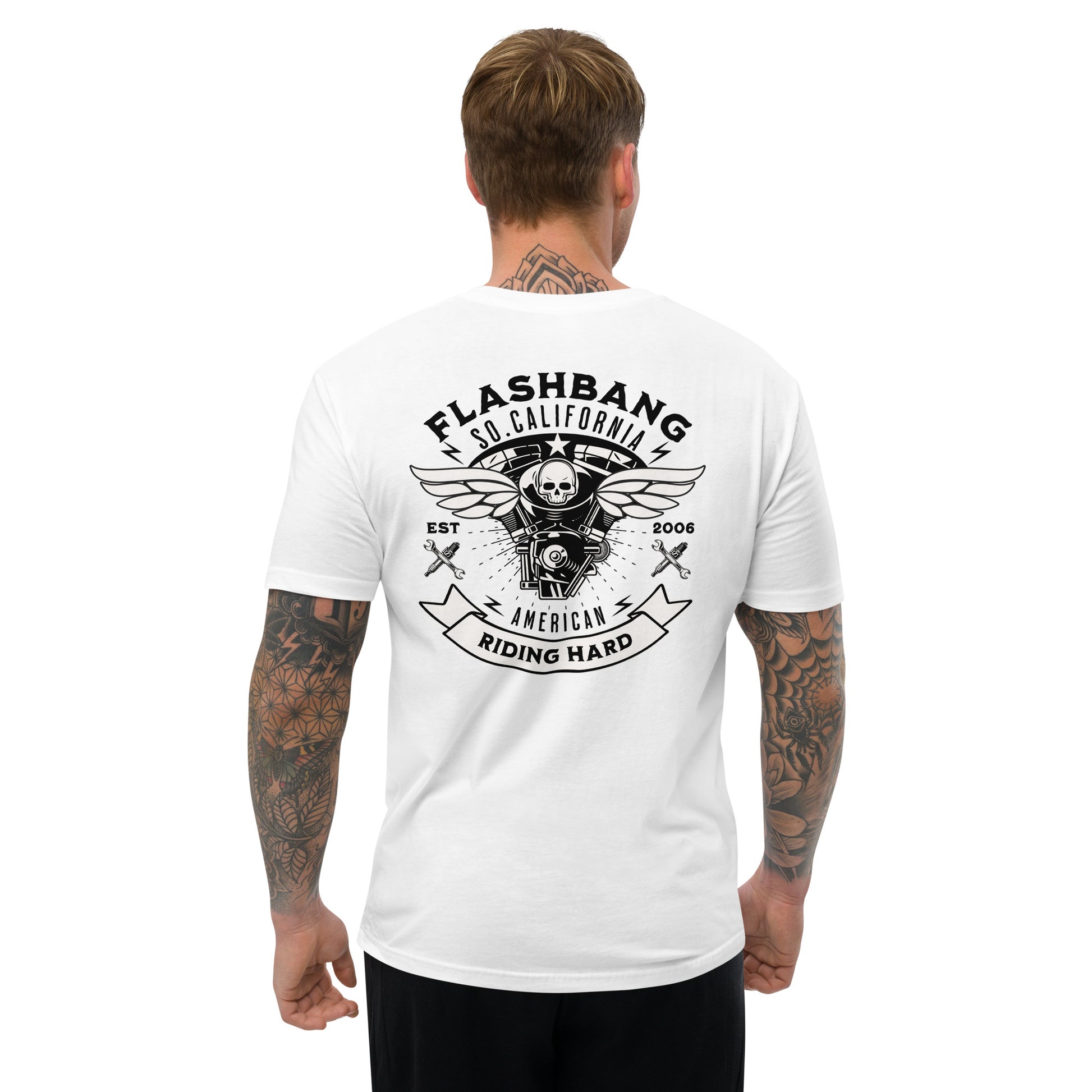Riding Hard Lite T-Shirt featuring wing skull design, durable biker motorcycle t shirt and riding shirt for riders - Back View - White - Model Guy